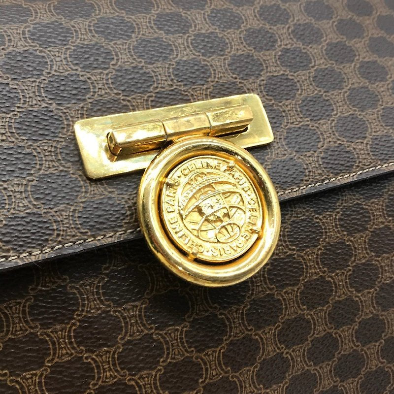 CELINE rare coffee-colored old flower planet gold coin Kelly leather flap handbag
