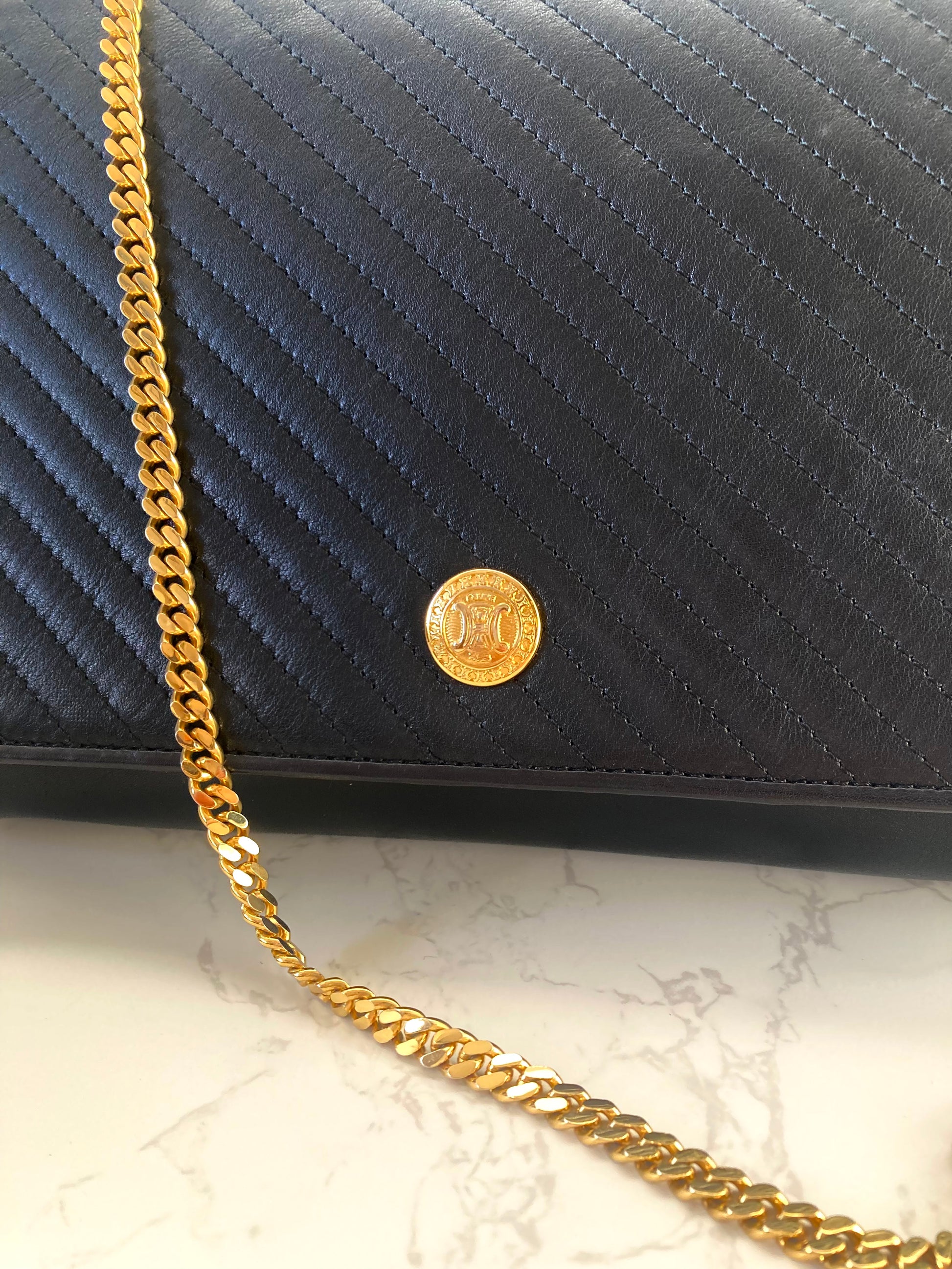 CELINE Rare Triomphe Gold Coin Black Leather Chain Crossbody Bag