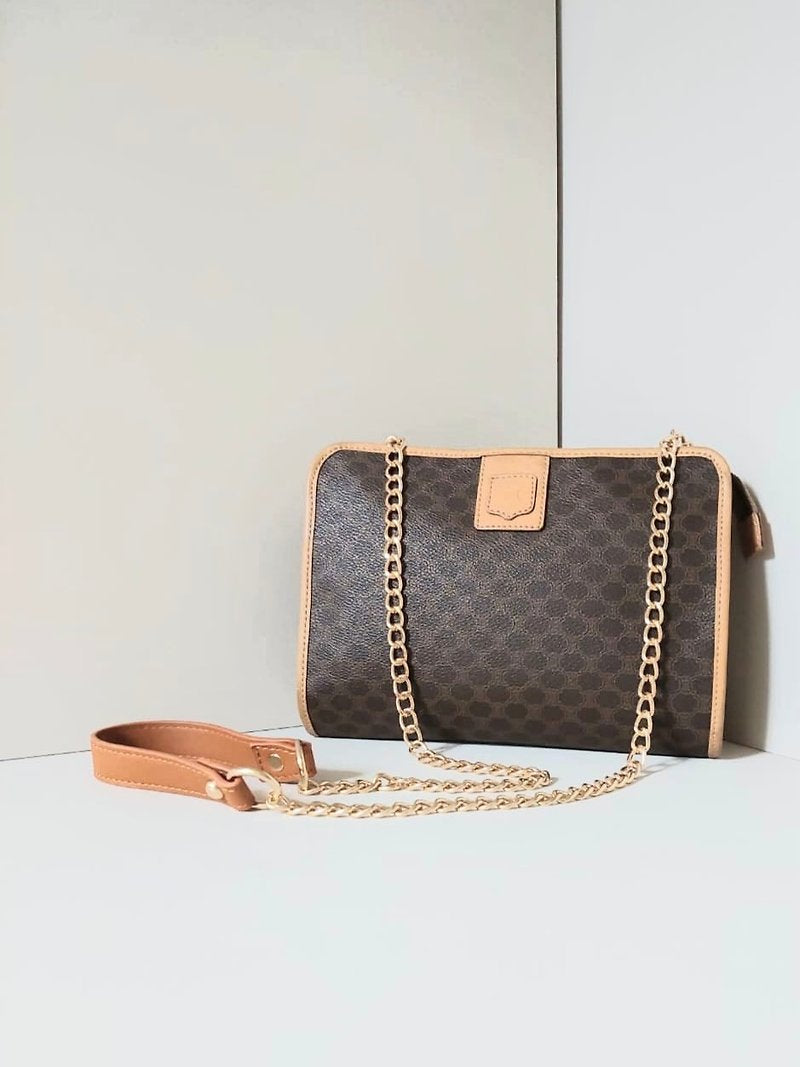 CELINE Brown Old Flower Leather Side Bag/Messenger Bag/Clutch Bag