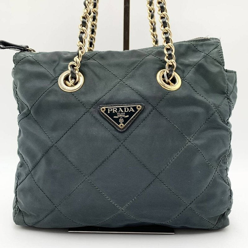 PRADA rare olive green gold triangle parachute chain shoulder bag / side bag