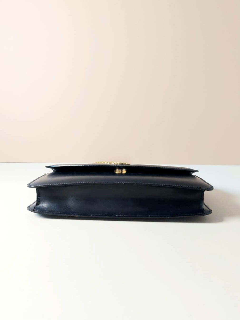 CELINE rare gold Arc de Triomphe badge dark blue leather small bag / side bag / oblique bag