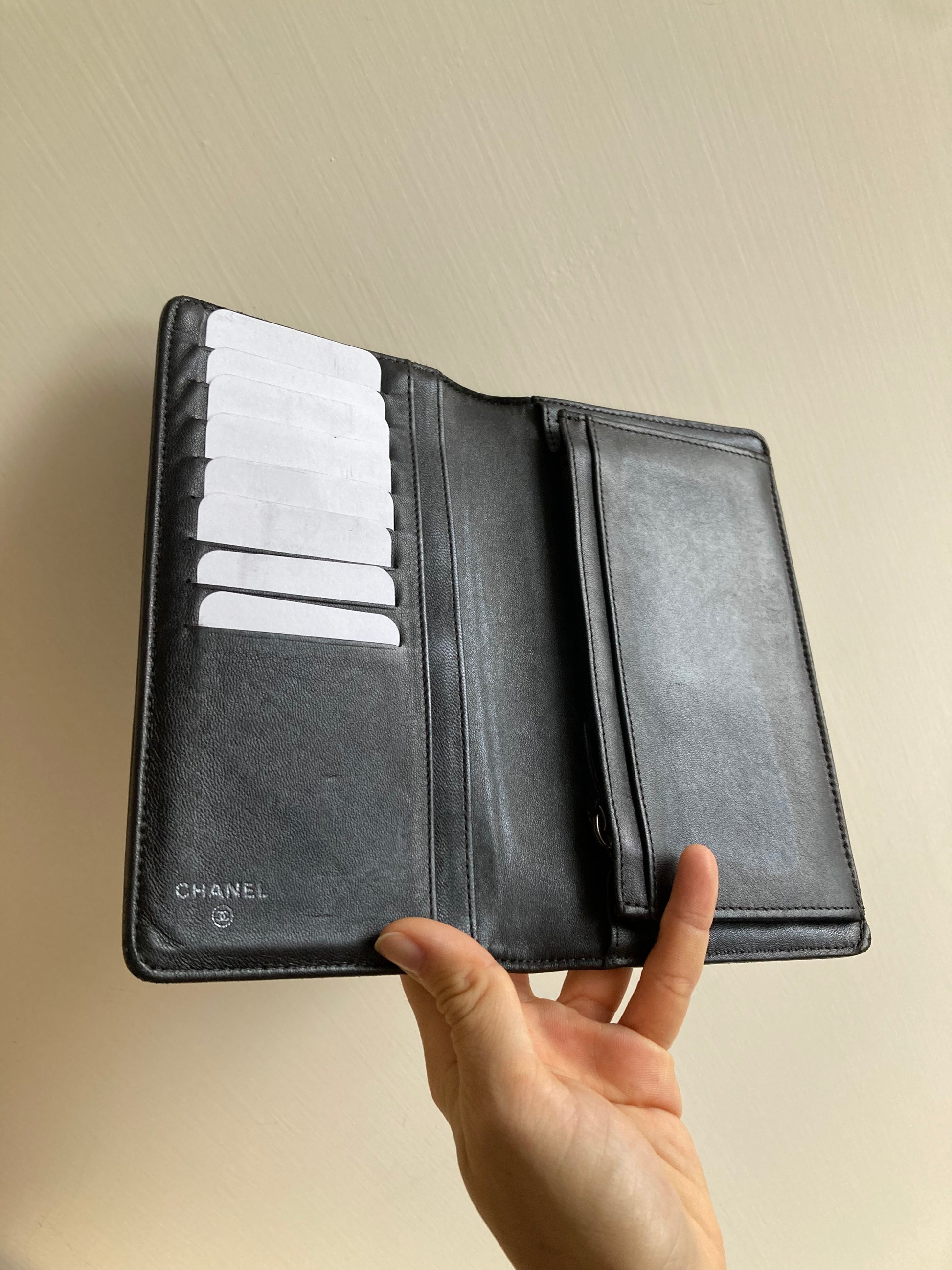 CHANEL Camellia Silver CC Long Wallet (with Add-on Chain)