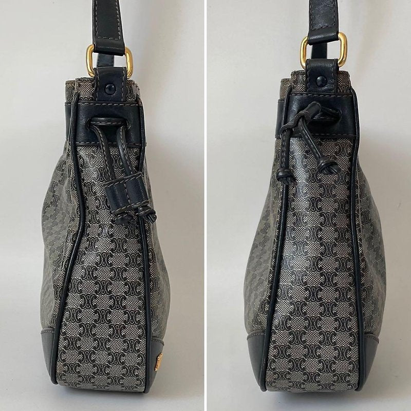 CELINE rare black old flower gold Arc de Triomphe leather shoulder drawstring bucket bag / side backpack
