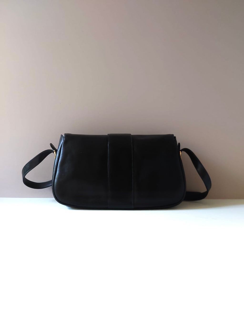 CELINE rare large gold Arc de Triomphe black saddle leather small bag / side backpack / shoulder bag