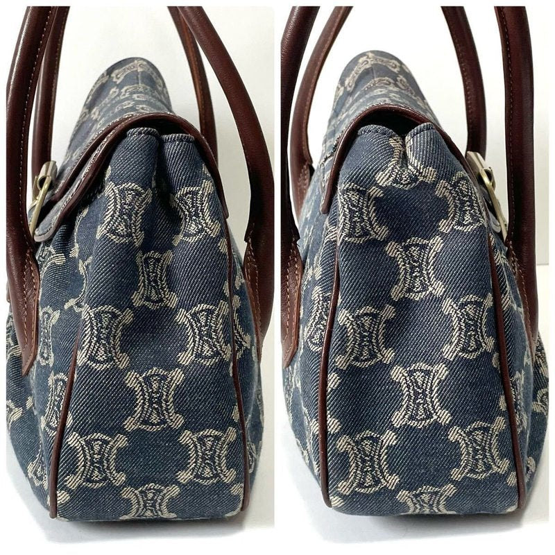 CELINE rare denim blue Arc de Triomphe old flower leather bag / side backpack / underarm bag