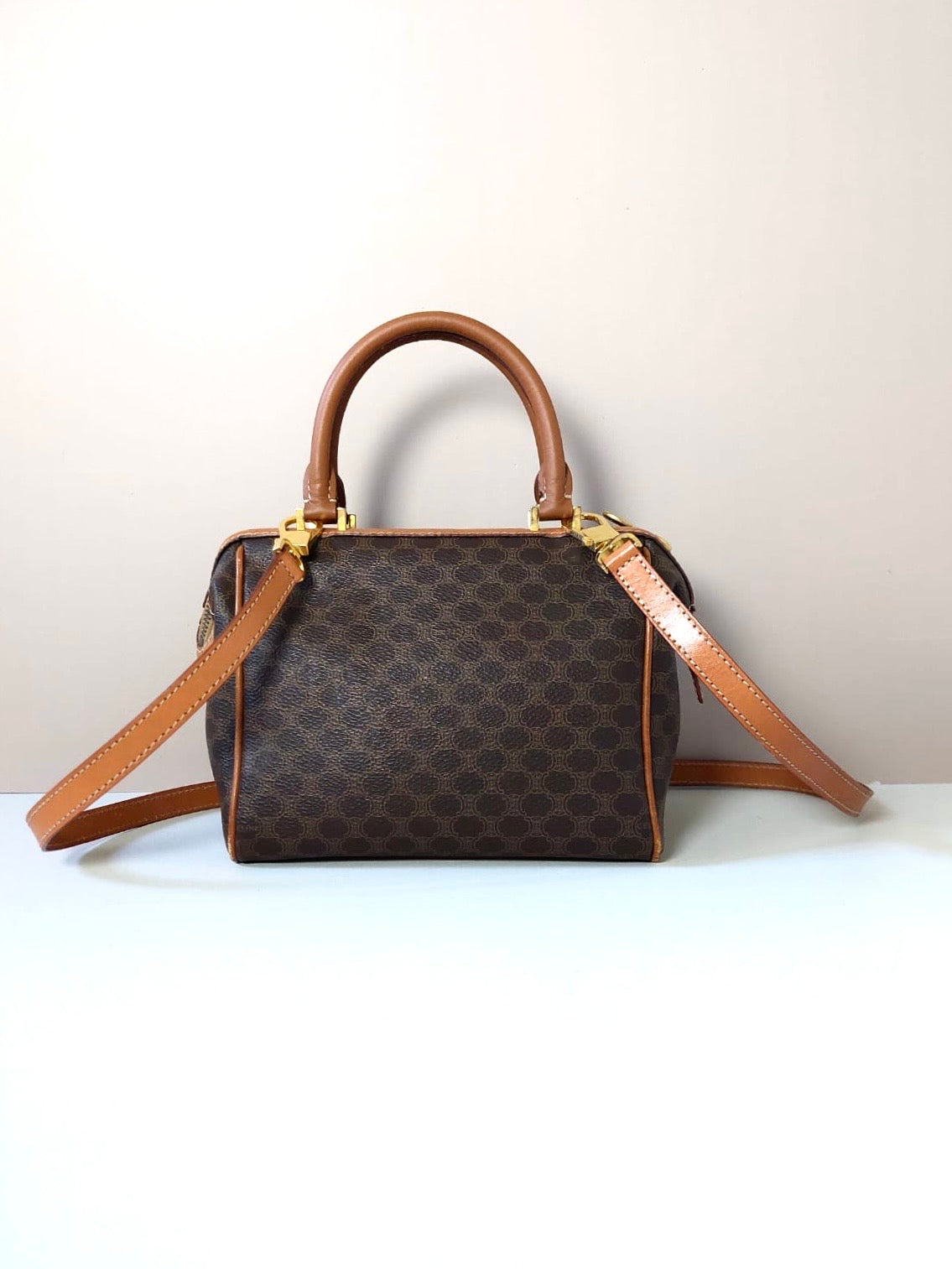CELINE Brown Old Flower Leather Boston Bucket Bag/Side Bag/Handbag