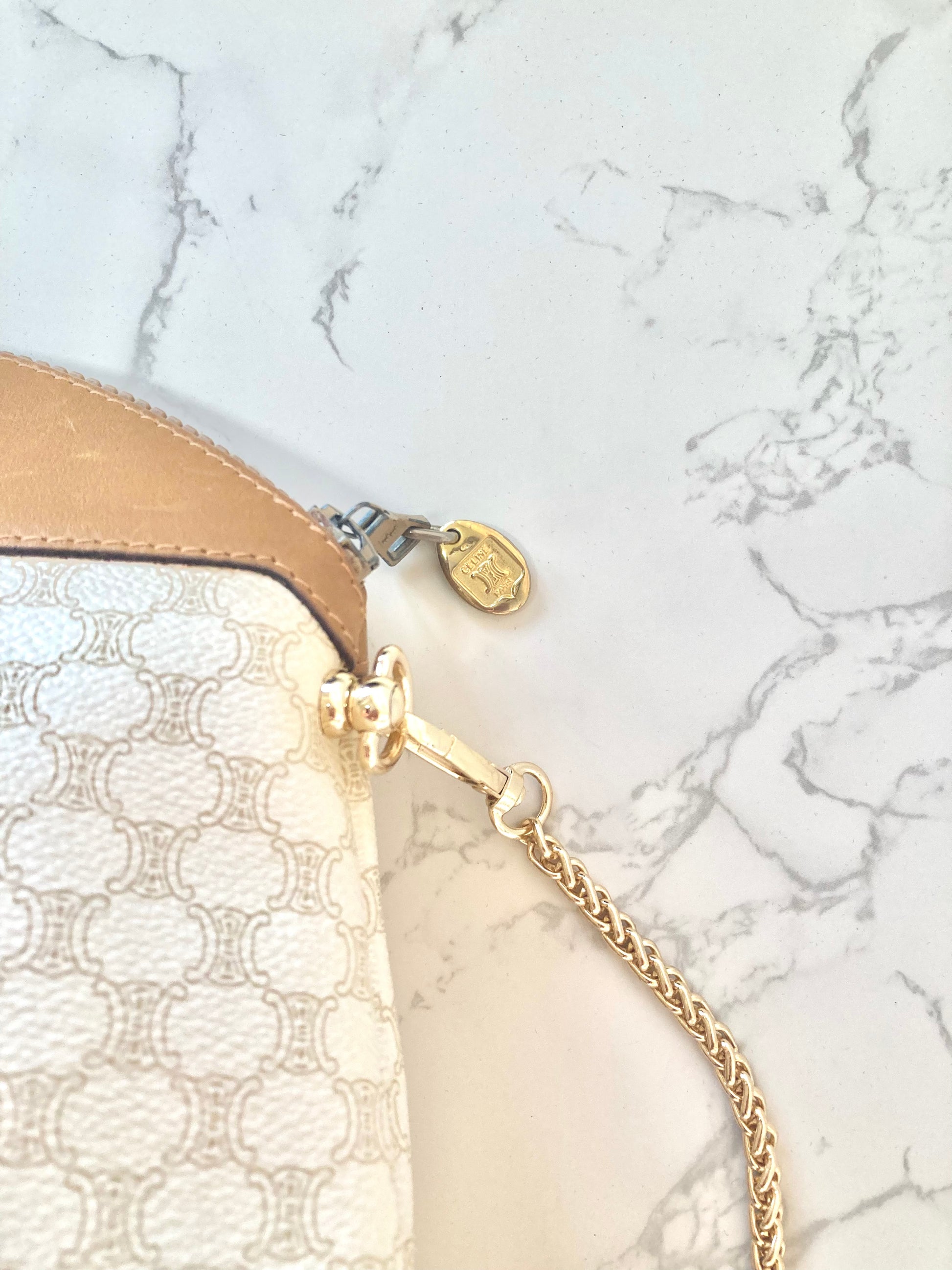 CELINE Rare White Monogram Half Moon Pouch Chain Bag (Add-on)