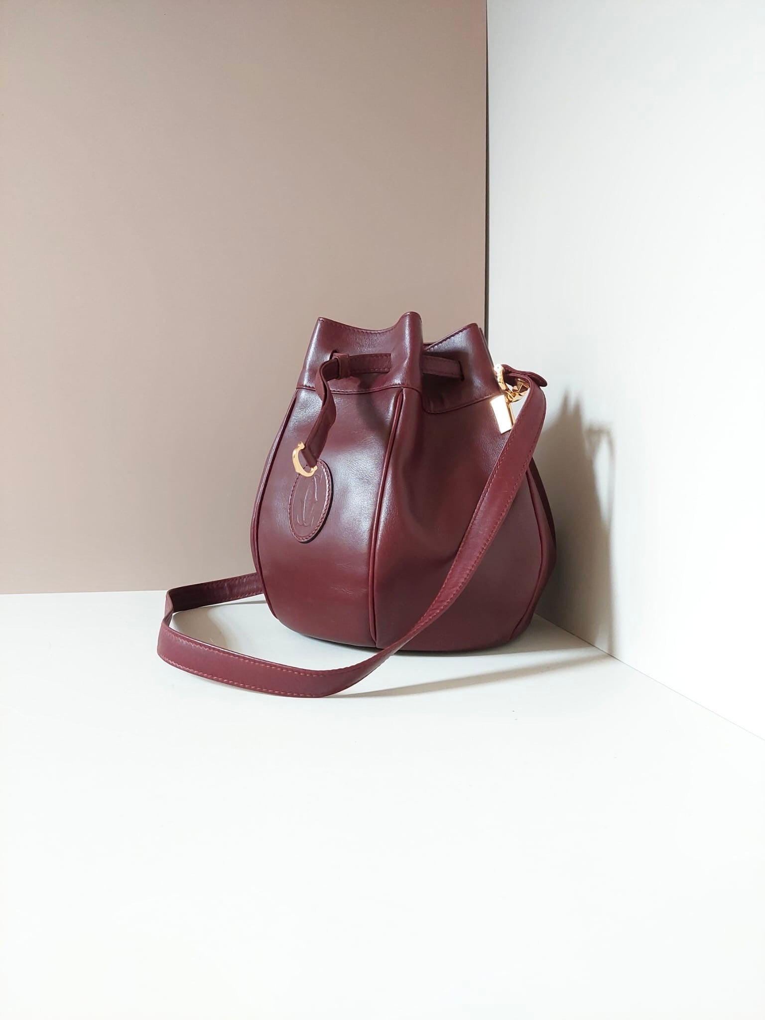 CARTIER Must De Cartier Rare Burgundy Small Bucket Drawstring Bag/Side Bag/Messenger Bag