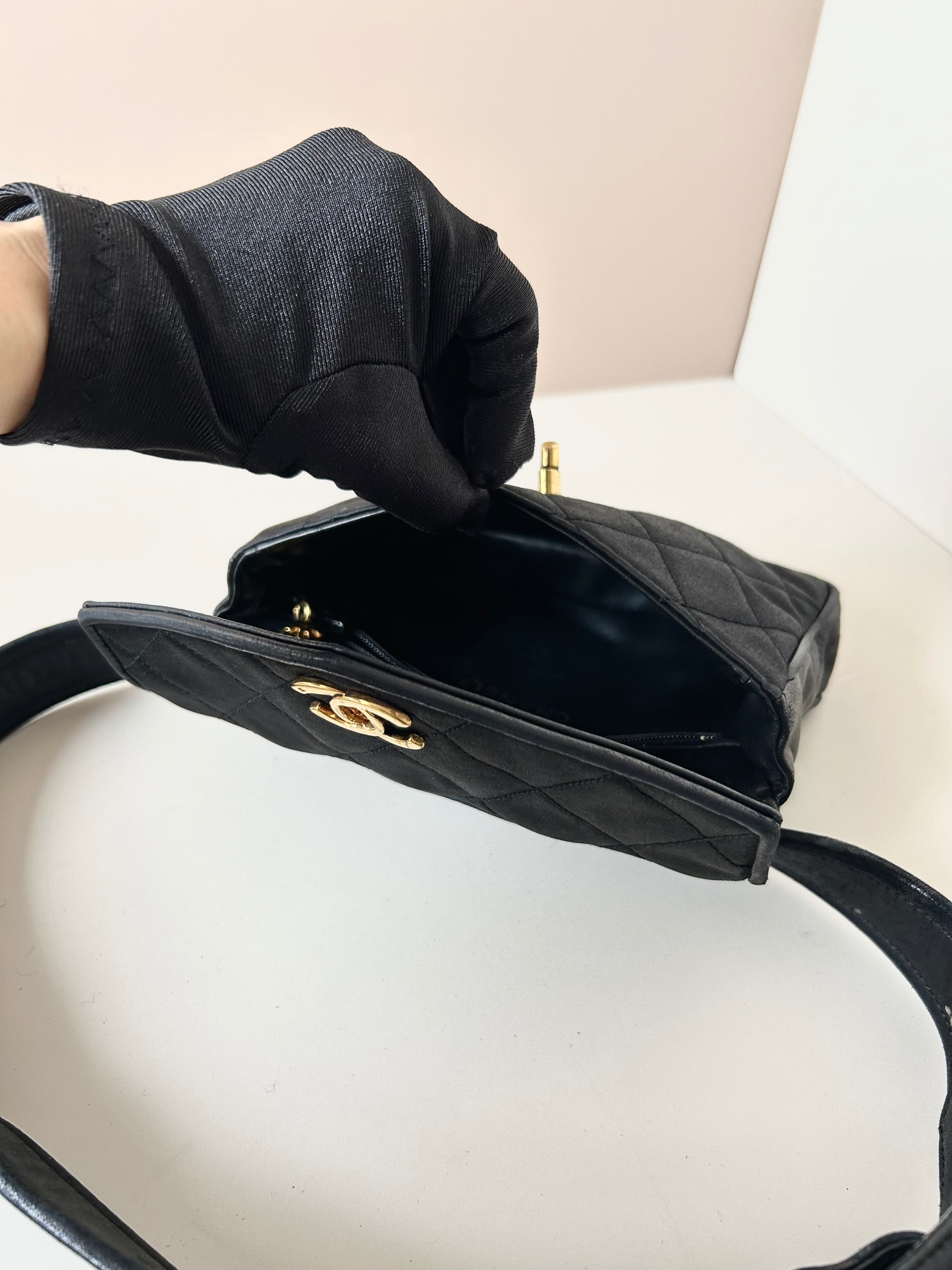 CHANEL rare black leather patchwork gold buckle belt bag / side bag / oblique bag