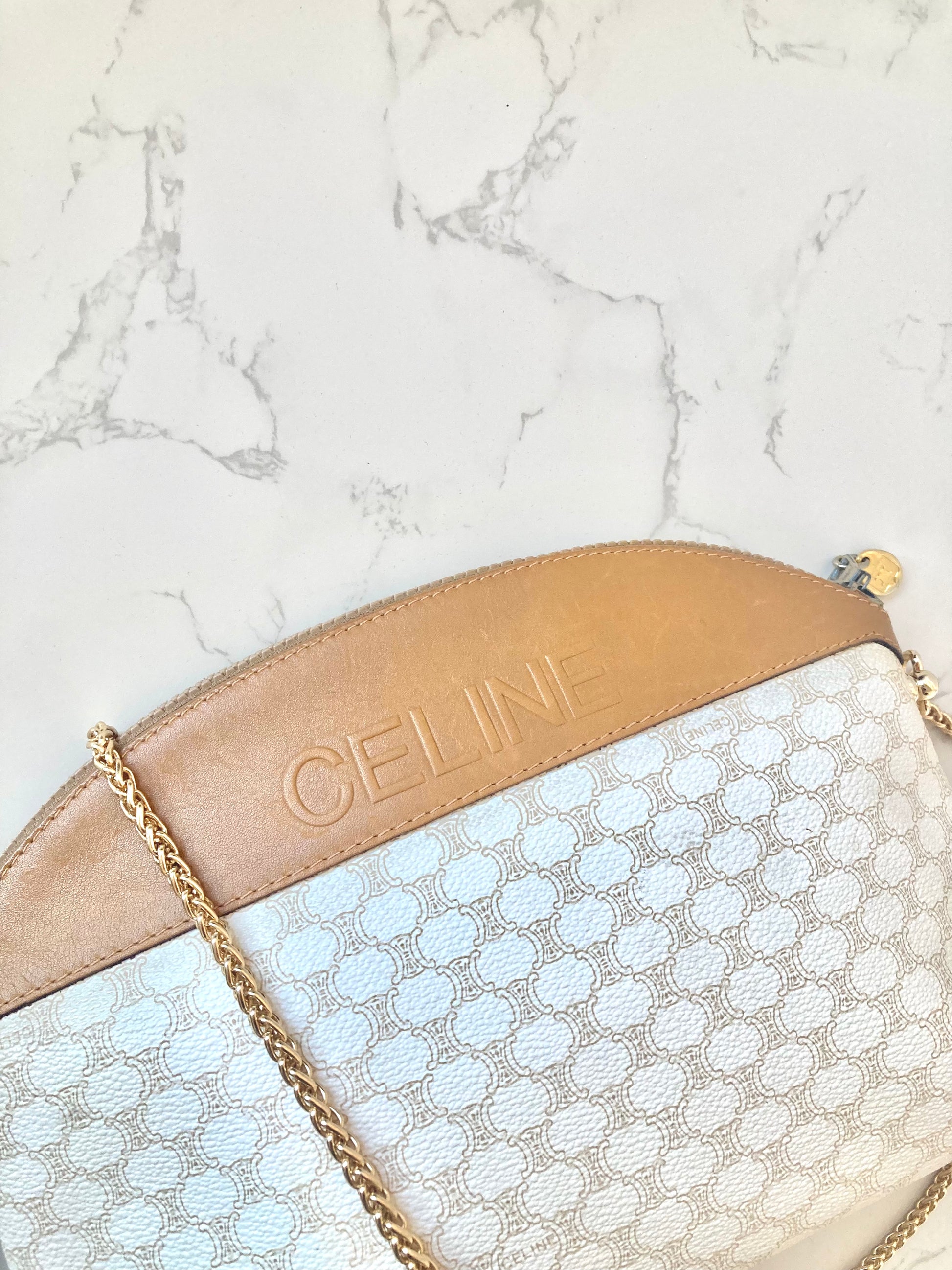 CELINE Rare White Monogram Half Moon Pouch Chain Bag (Add-on)