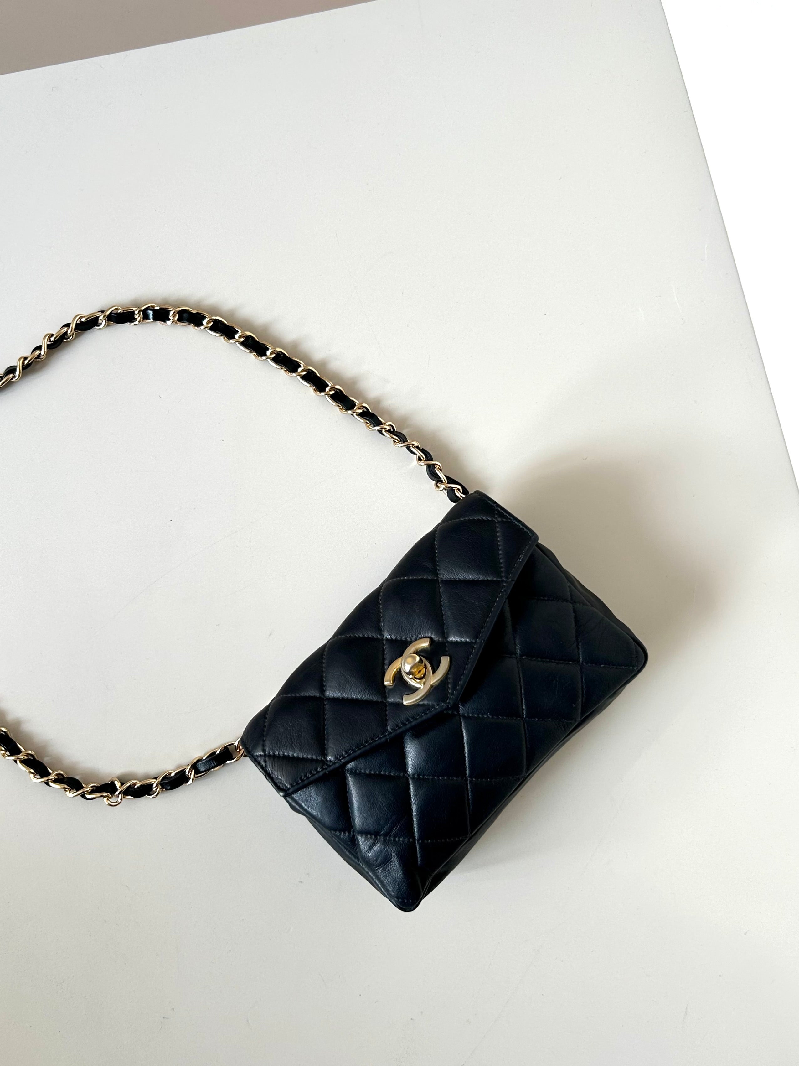 CHANEL rare black leather gold swivel buckle belt bag/side bag/clutch