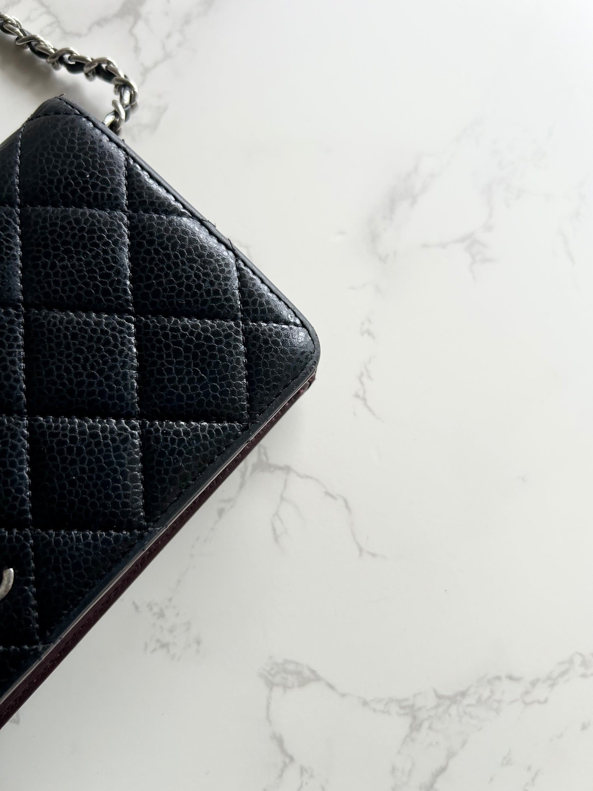 CHANEL Black Caviar Leather Long Wallet / Chain Side Bag / Crossbody Bag WOC
