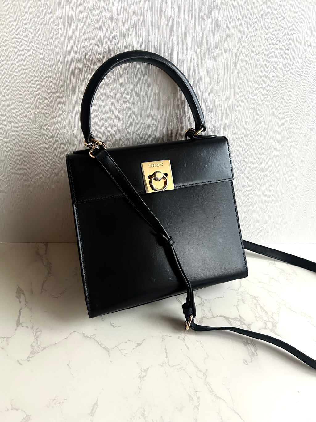 Celine Small Black and Gold Two-Way Kelly Bag Leather Crossbody Bag Shoulder Bag Handbag