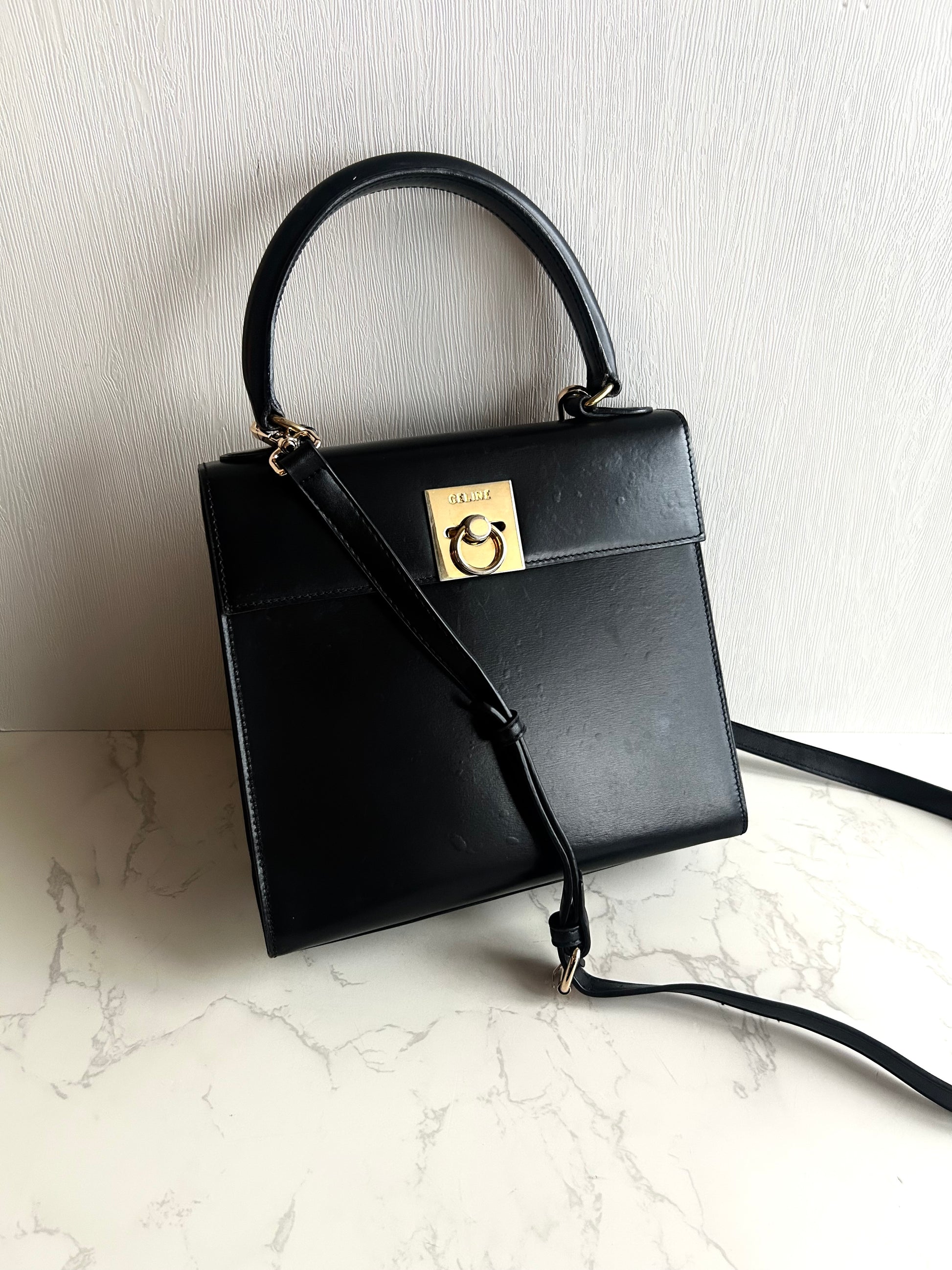 Celine 小號黑金Two-way凱莉包 皮斜背包 側背包 手提包