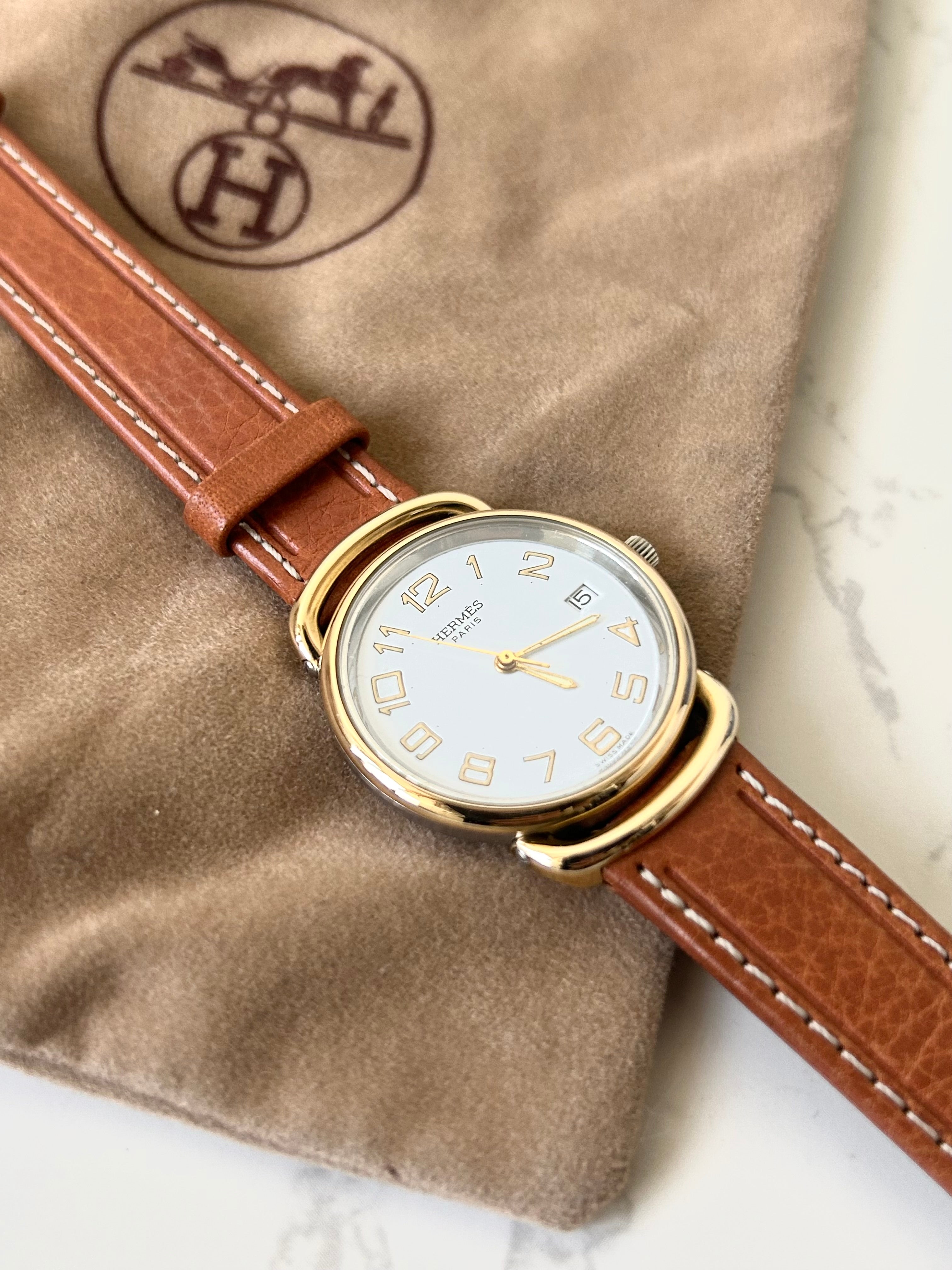 HERMES Pullman Gold Buckle Brown Belt Men's and Women's Antique Watch/Watch