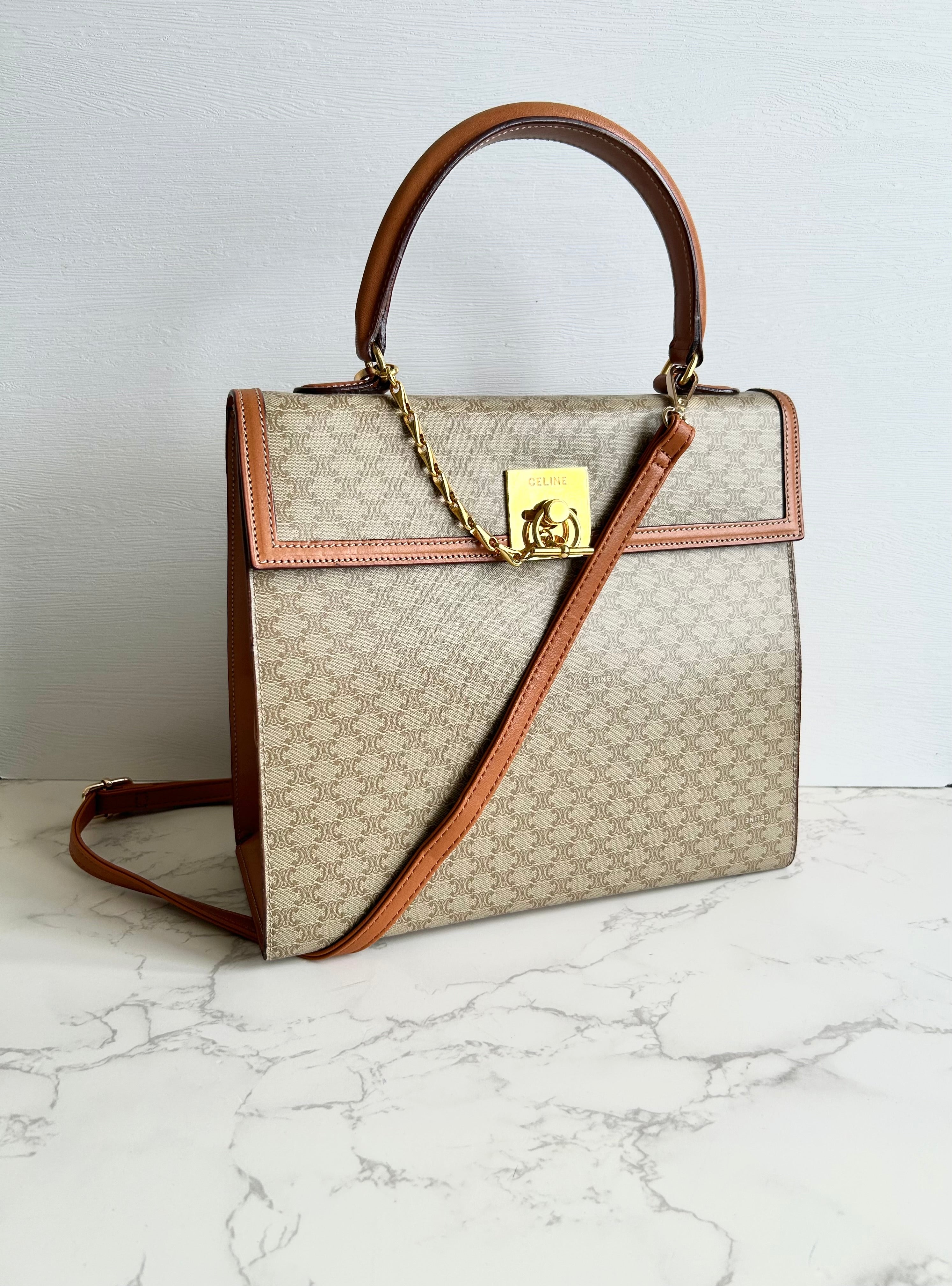 CELINE rare beige old flower Kelly side bag / oblique backpack / handbag