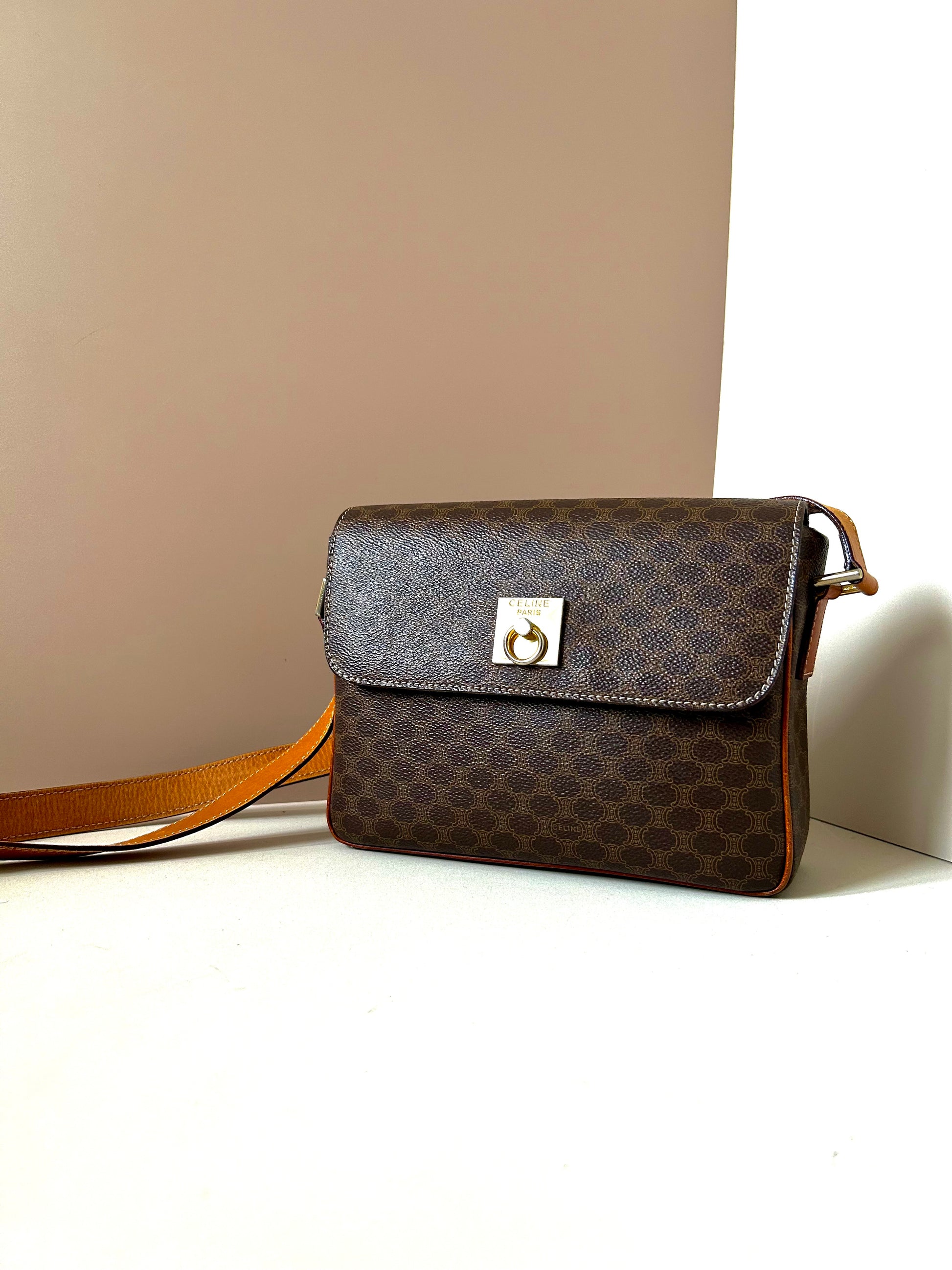 CELINE Brown Old Flower Leather Gold Buckle Small Tofu Box Bag/Side Bag/Messenger Bag