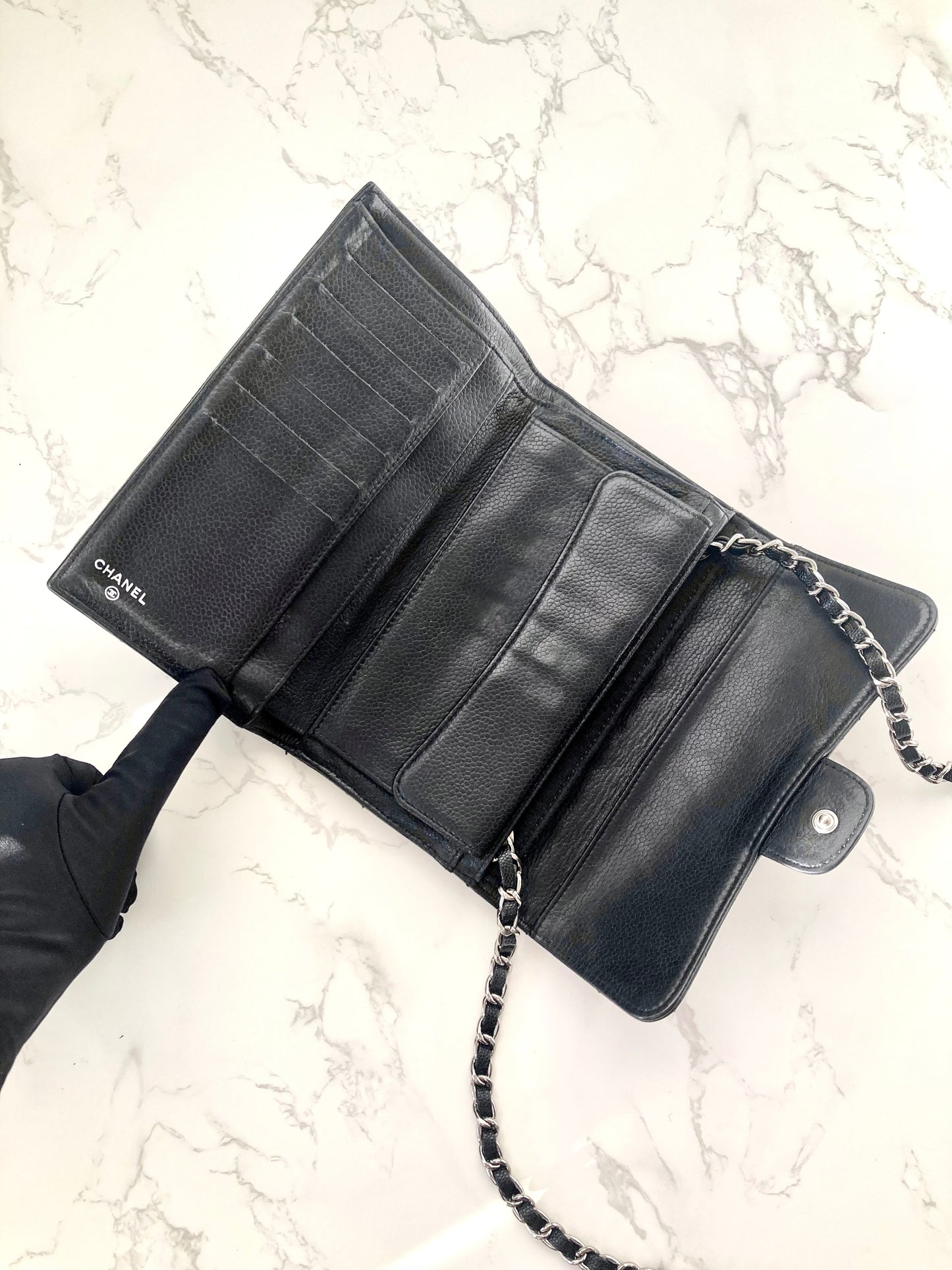 CHANEL Black Caviar Leather Classic Flap Wallet-on-Chain WOC (Add-on Chain)