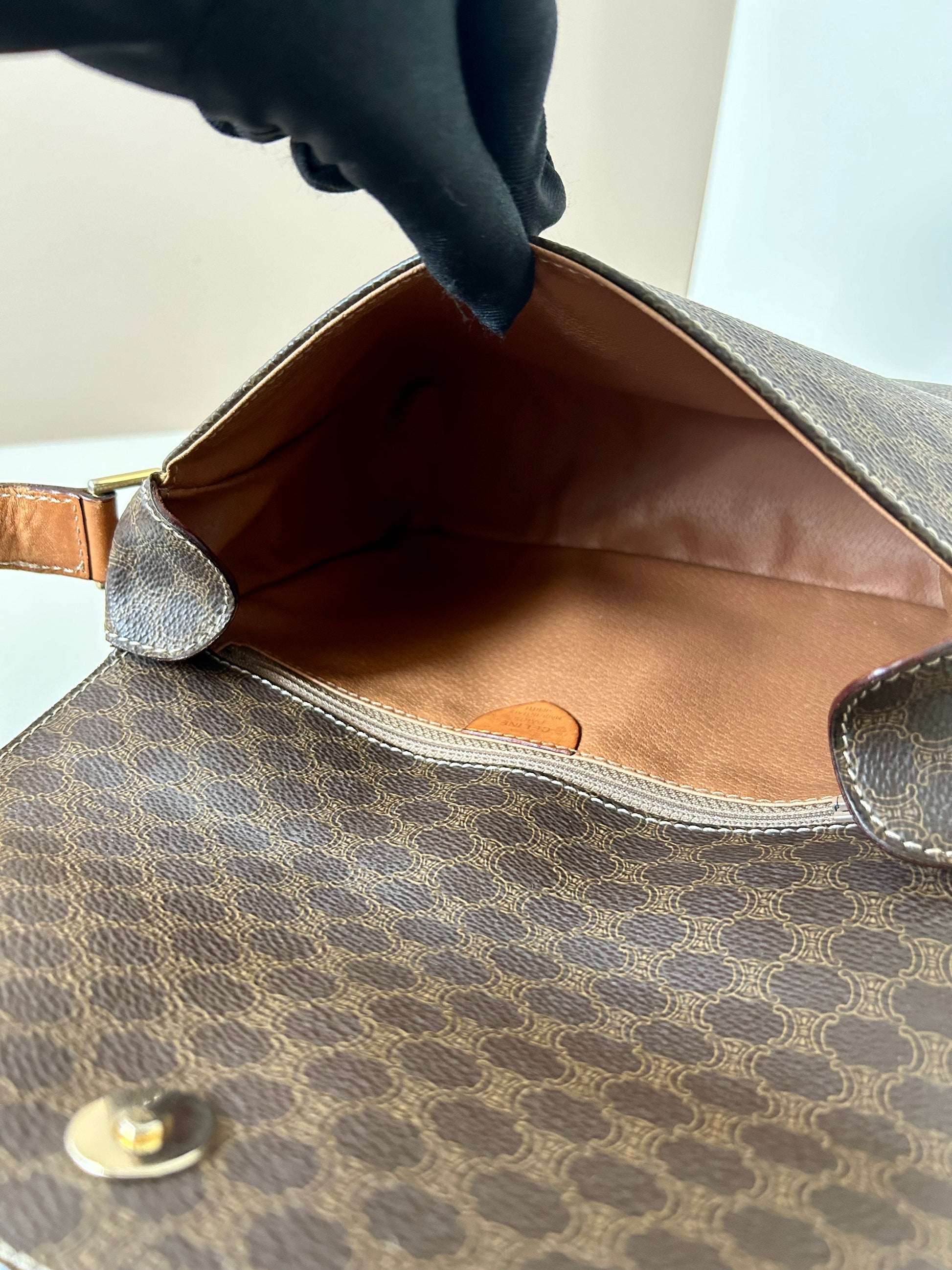 CELINE Brown Old Flower Leather Gold Buckle Small Tofu Box Bag/Side Bag/Messenger Bag