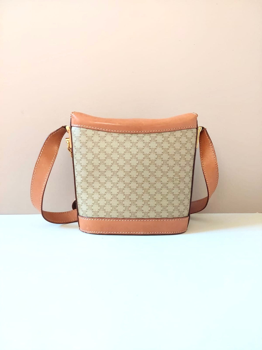 CELINE rare beige brown old flower golden ring potato chips small bag/side bag/oblique bag