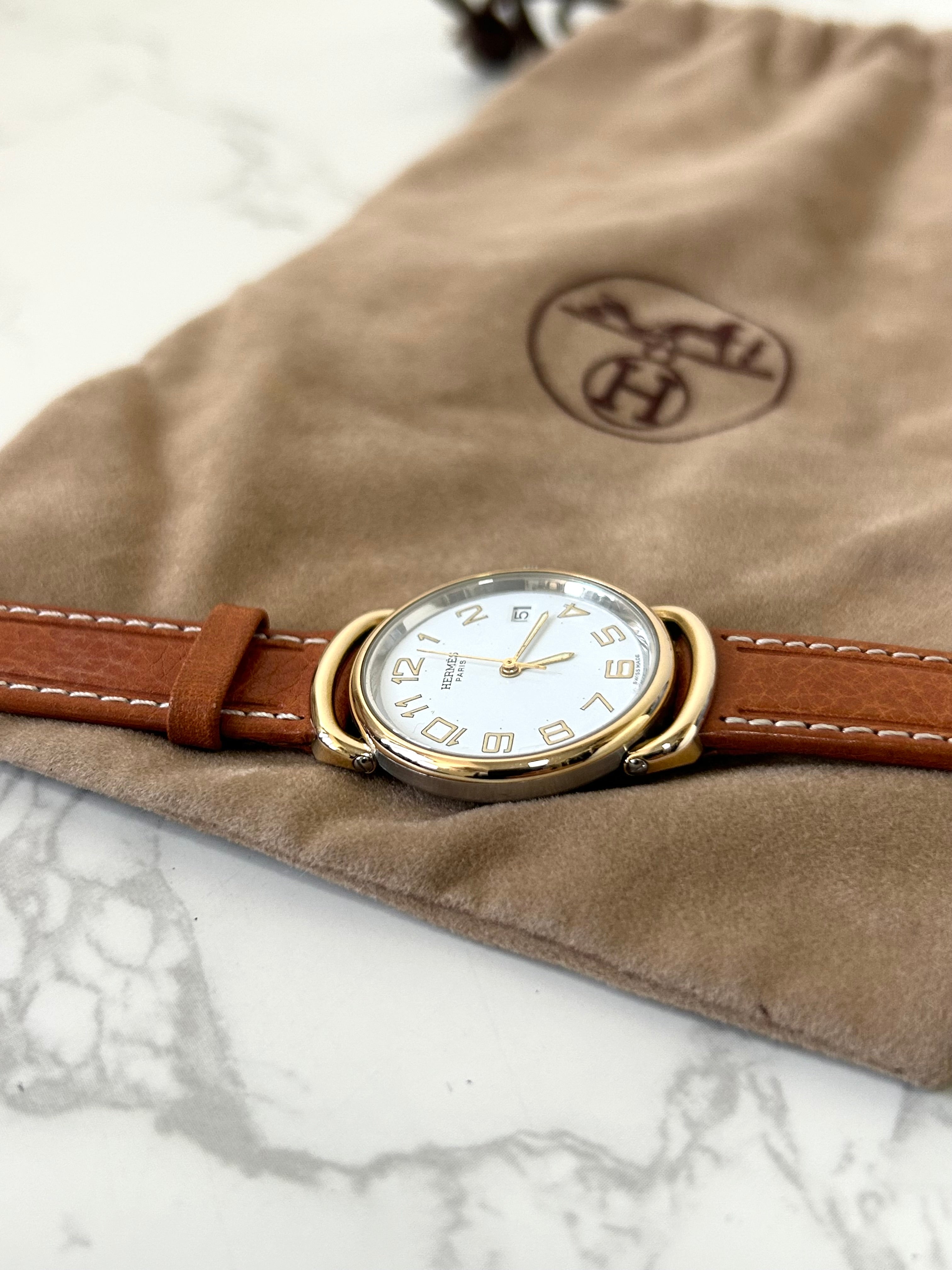 HERMES Pullman Gold Buckle Brown Belt Men's and Women's Antique Watch/Watch