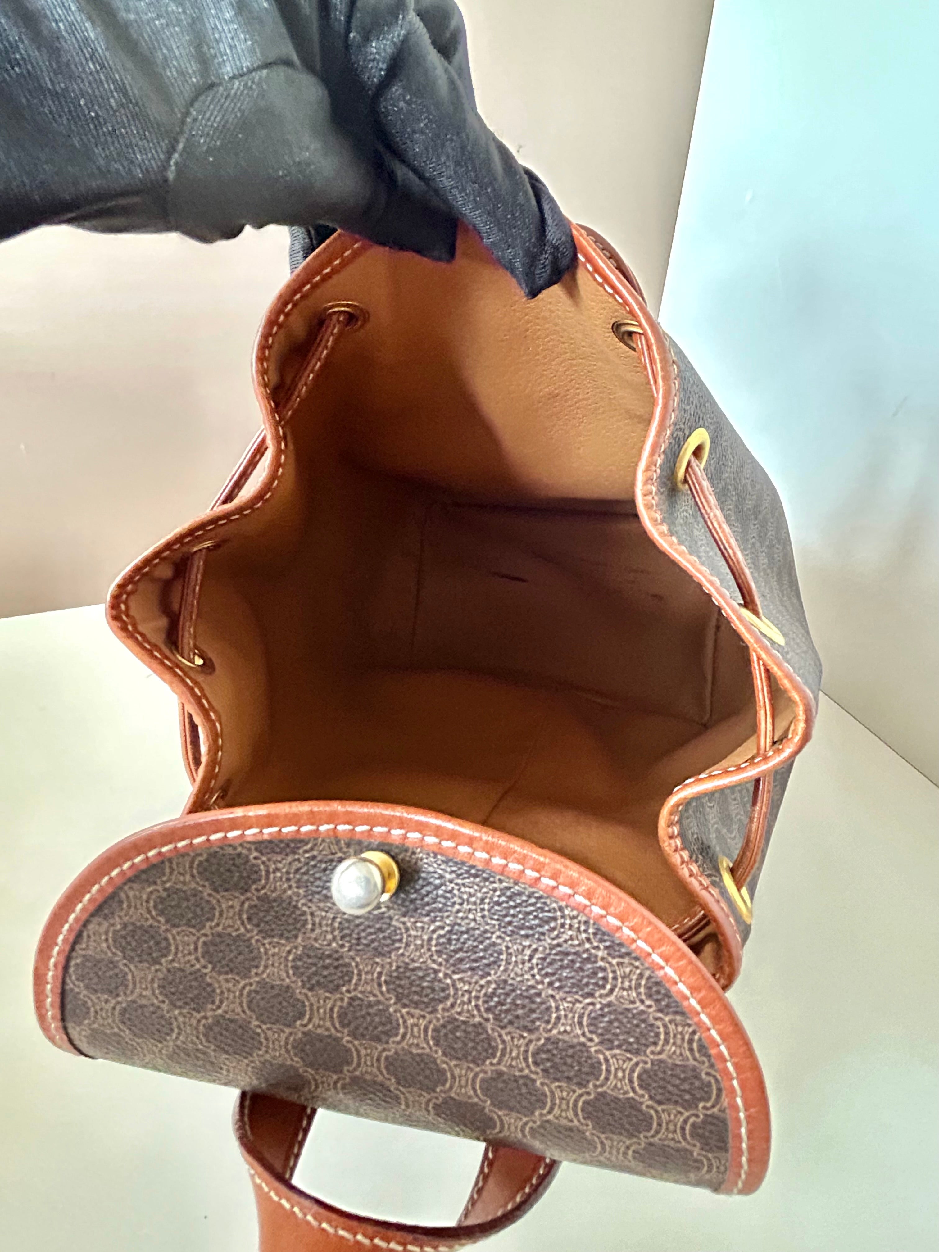 CELINE rare replica coffee color old flower gold buckle backpack / shoulder bag