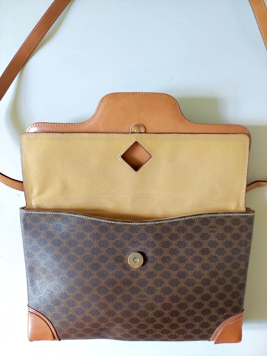 CELINE rare brown old flower leather messenger bag / side bag / oblique bag
