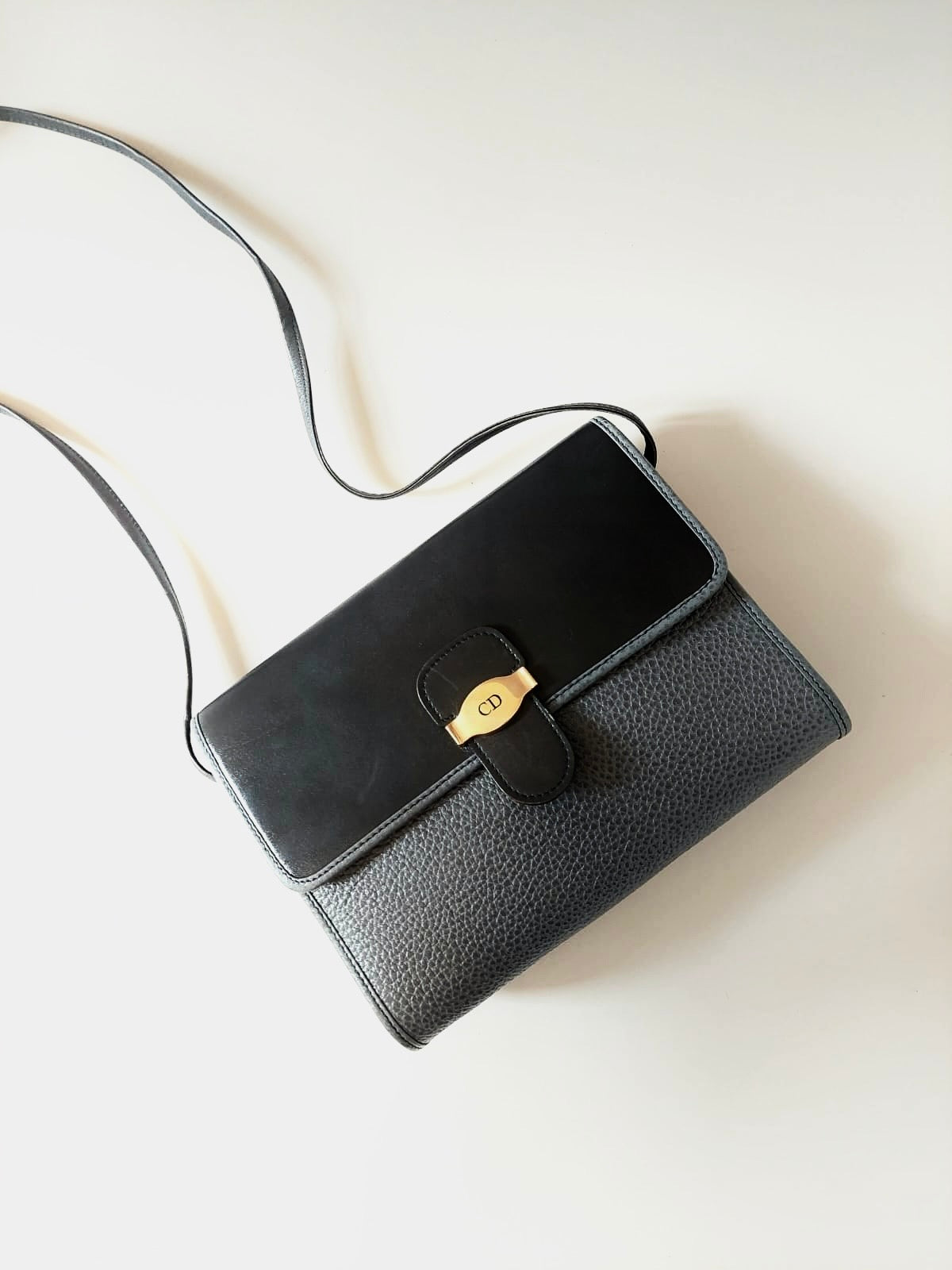 CHRISTIAN DIOR rare black and gray stitching leather gold buckle side bag / oblique bag