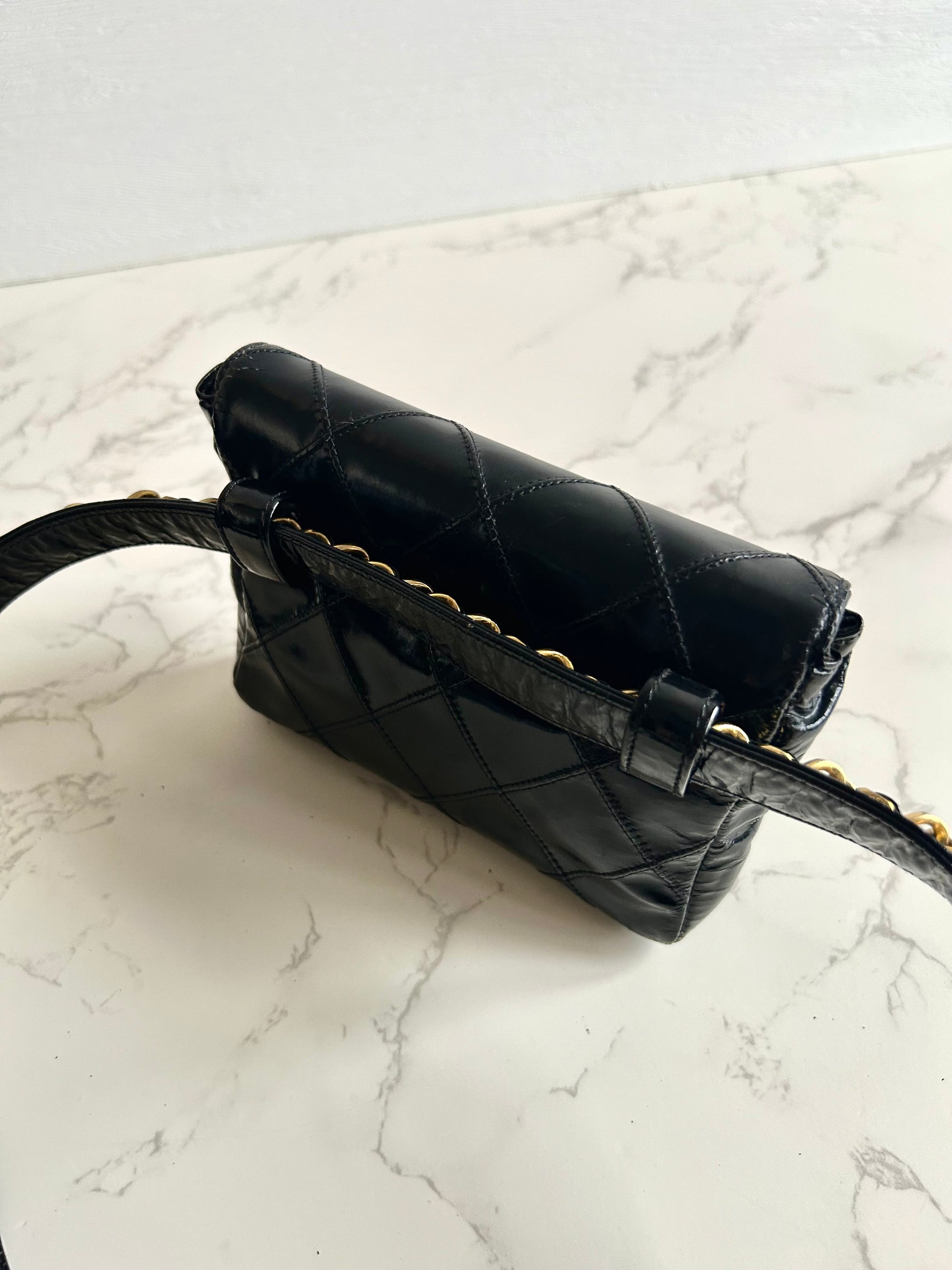 CHANEL rare black leather gold swivel buckle belt bag/side bag/clutch