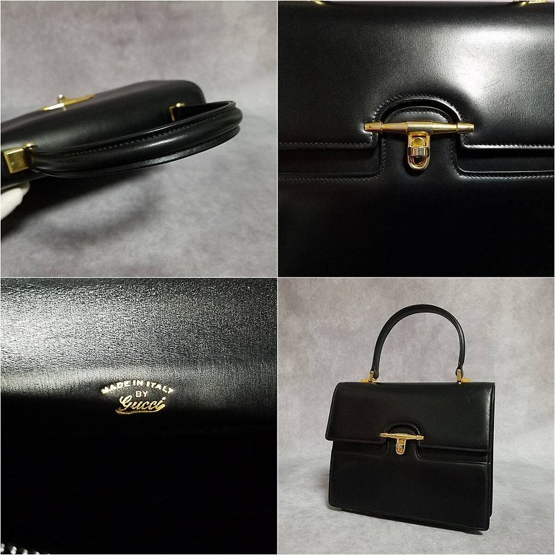 GUCCI Rare Black Rotating Gold Buckle Kelly Leather Side Bag/Messenger Bag/Handbag