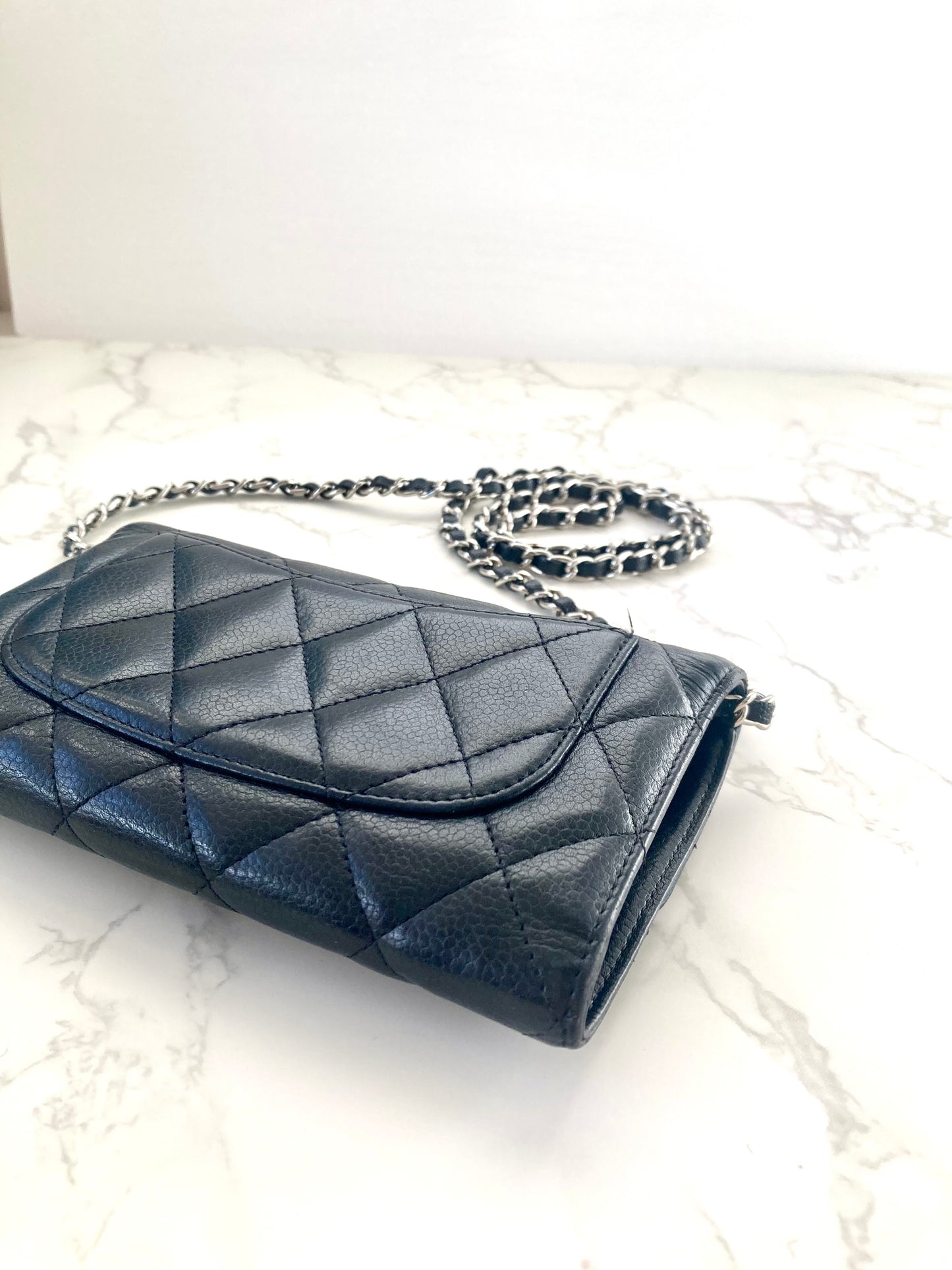 CHANEL Black Caviar Leather Classic Flap Wallet-on-Chain WOC (Add-on Chain)