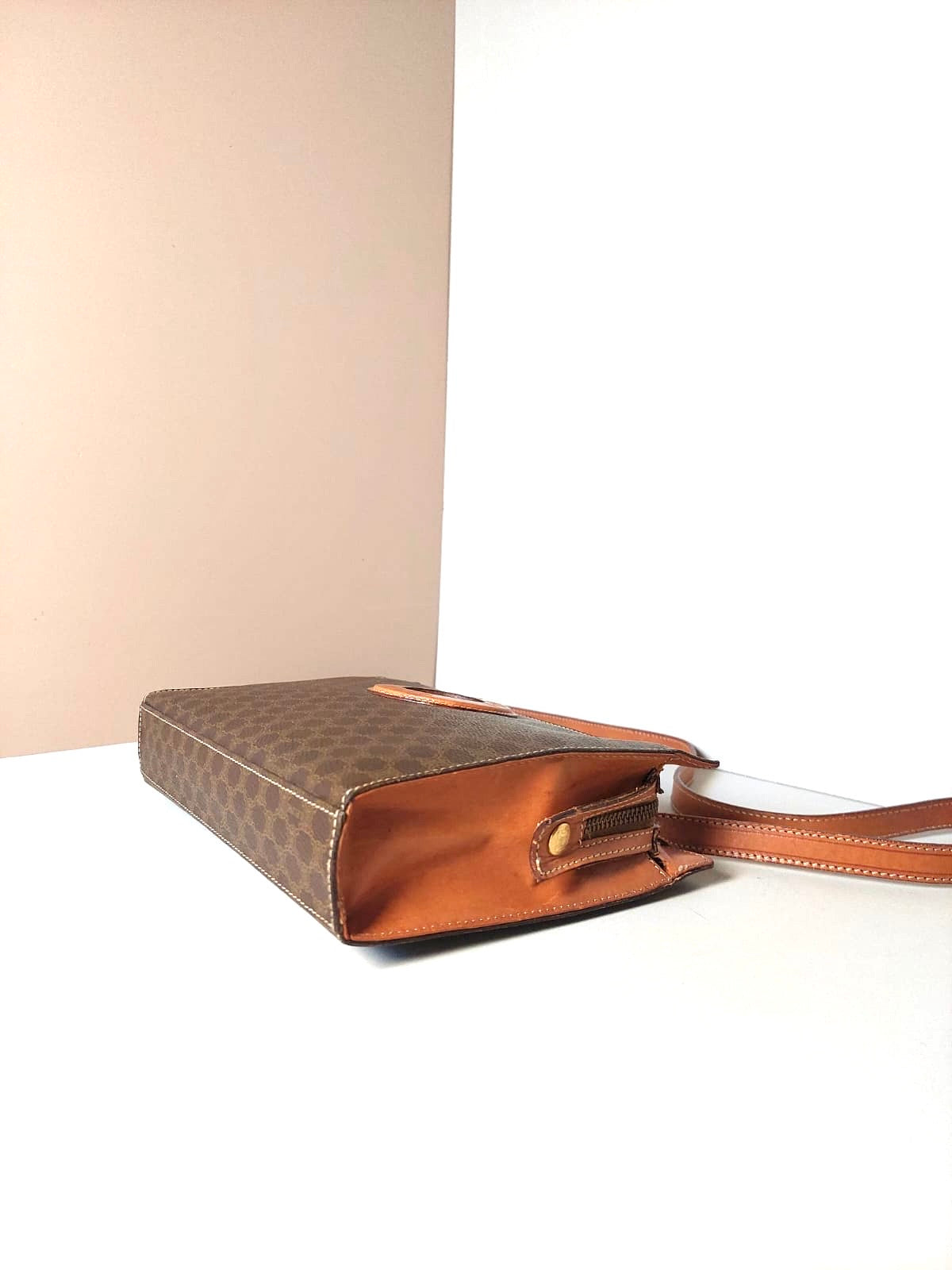 CELINE Large Ring Brown Old Flower Leather Side Bag / Crossbody Bag