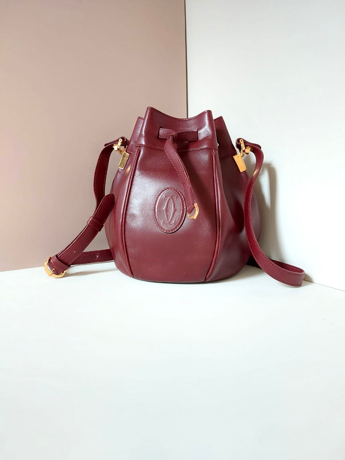 CARTIER Must De Cartier Rare Burgundy Small Bucket Drawstring Bag/Side Bag/Messenger Bag