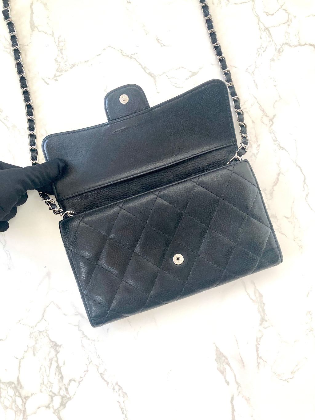 CHANEL Black Caviar Leather Classic Flap Wallet-on-Chain WOC (Add-on Chain)