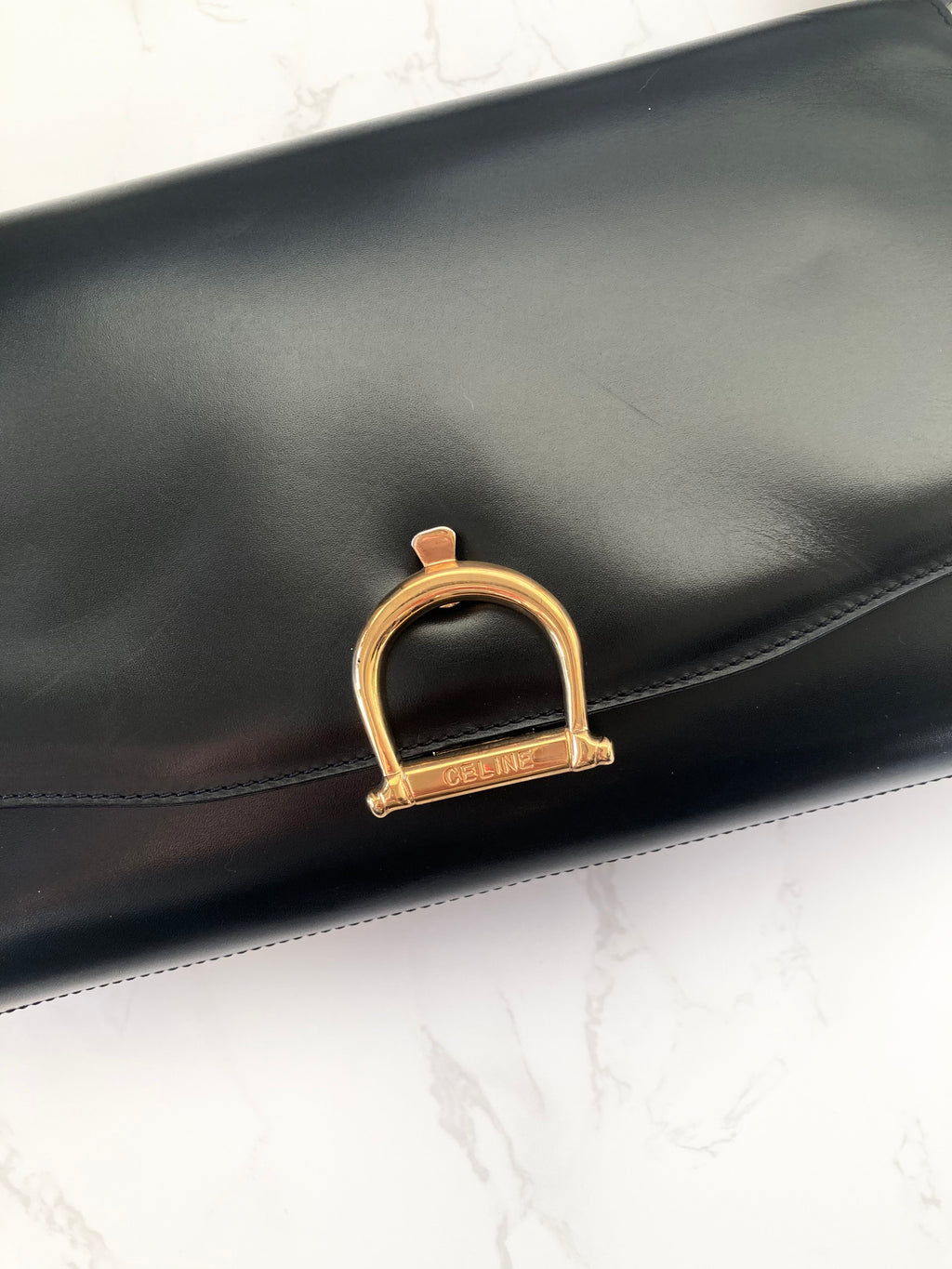 CELINE Black x Gold Horseshoe Shoulder / Crossbody Bag