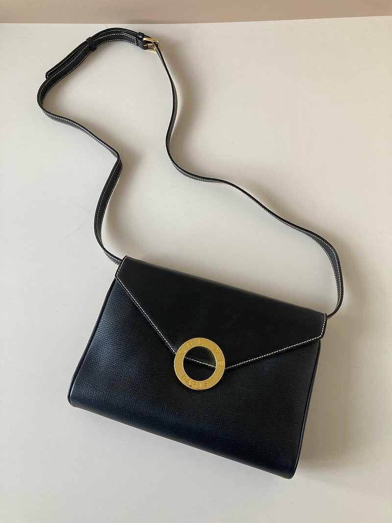 CELINE black large gold ring envelope leather small bag/side bag/crossbody bag