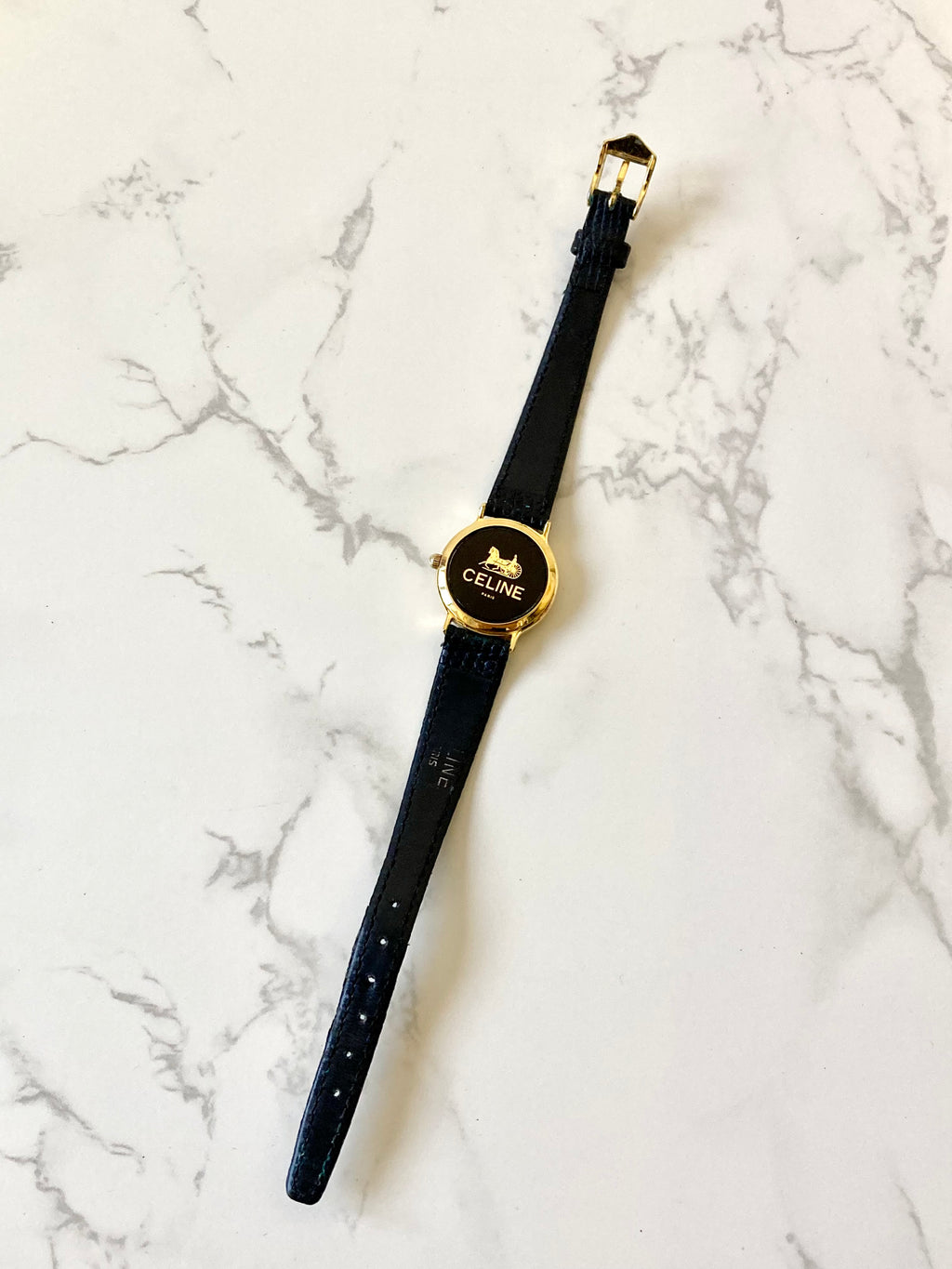 CELINE Rare Horse Carriage Black x Gold Leather Lady's Quartz Watch