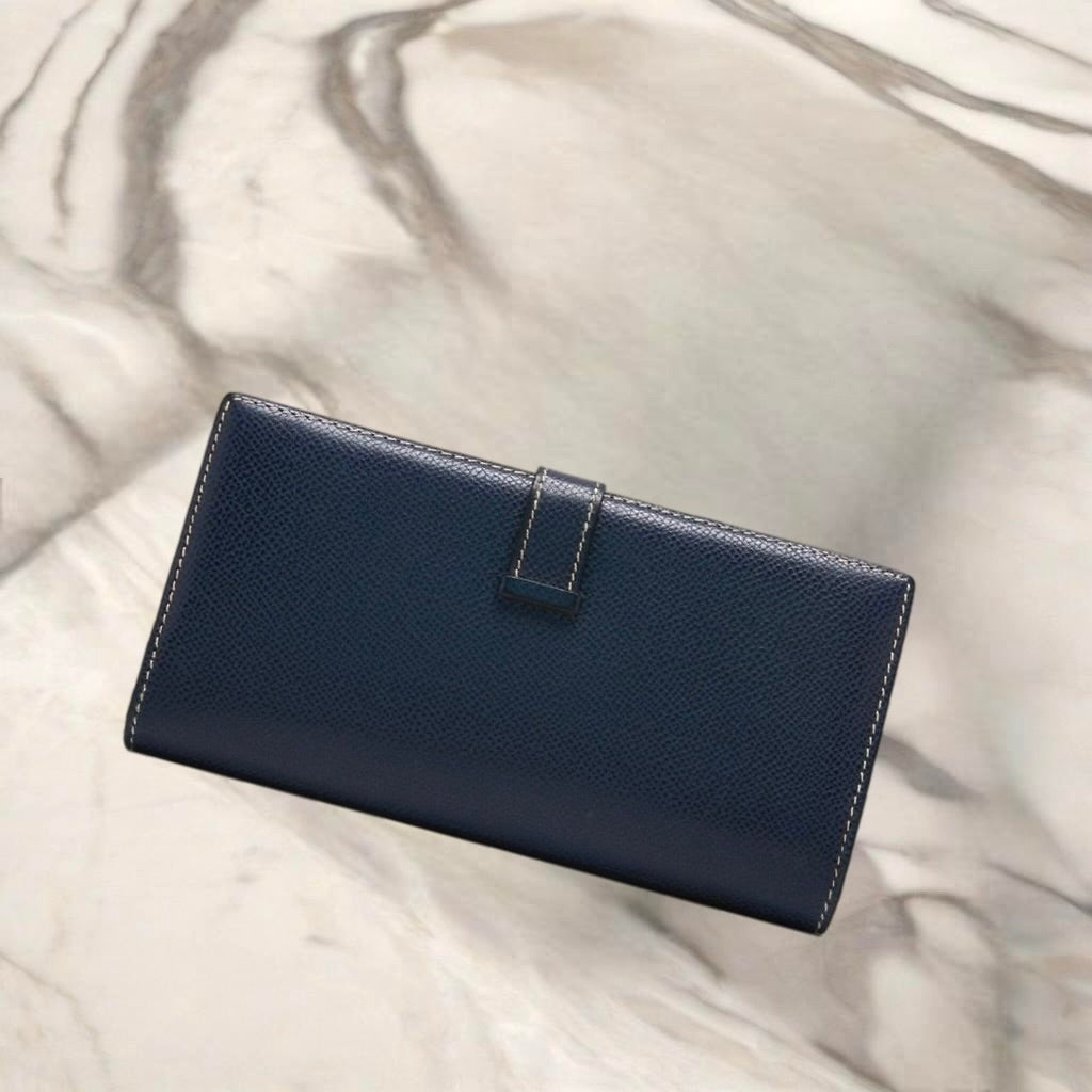 HERMES Bearn 藍黑色銀扣羊皮皮革長夾/錢包