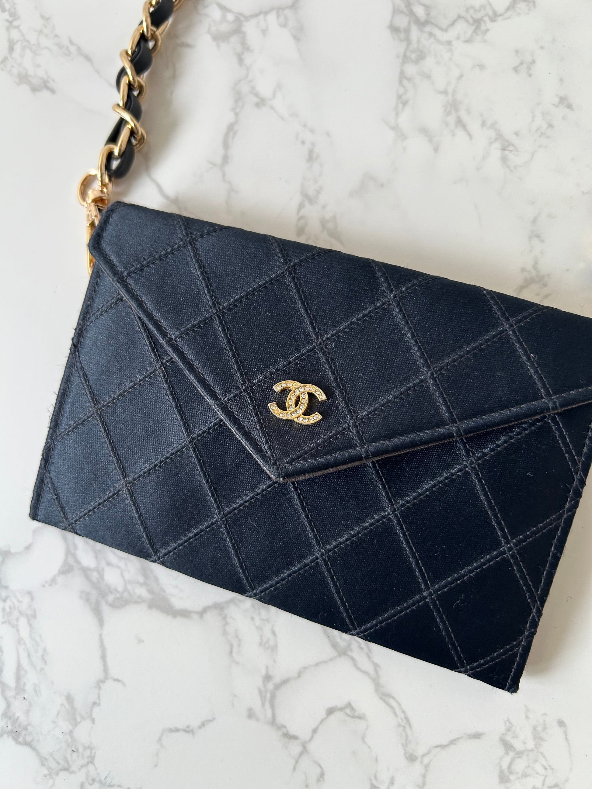 CHANEL Rare Black Satin Rhinestone Small Bag/Side Bag/Messenger Bag/Clutch Bag