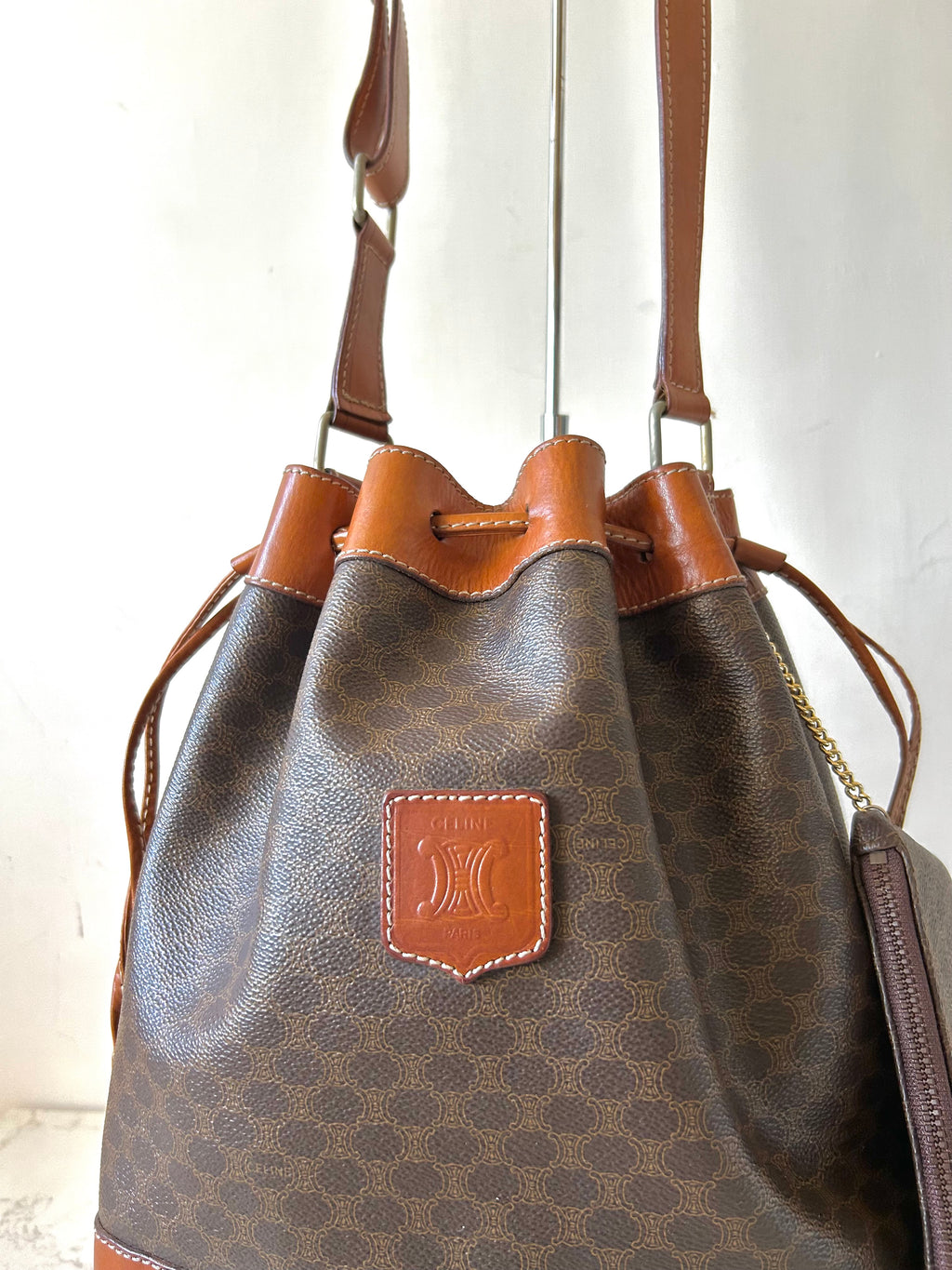 CELINE Brown Old Flower Leather Drawstring Bucket Bag / Side Bag