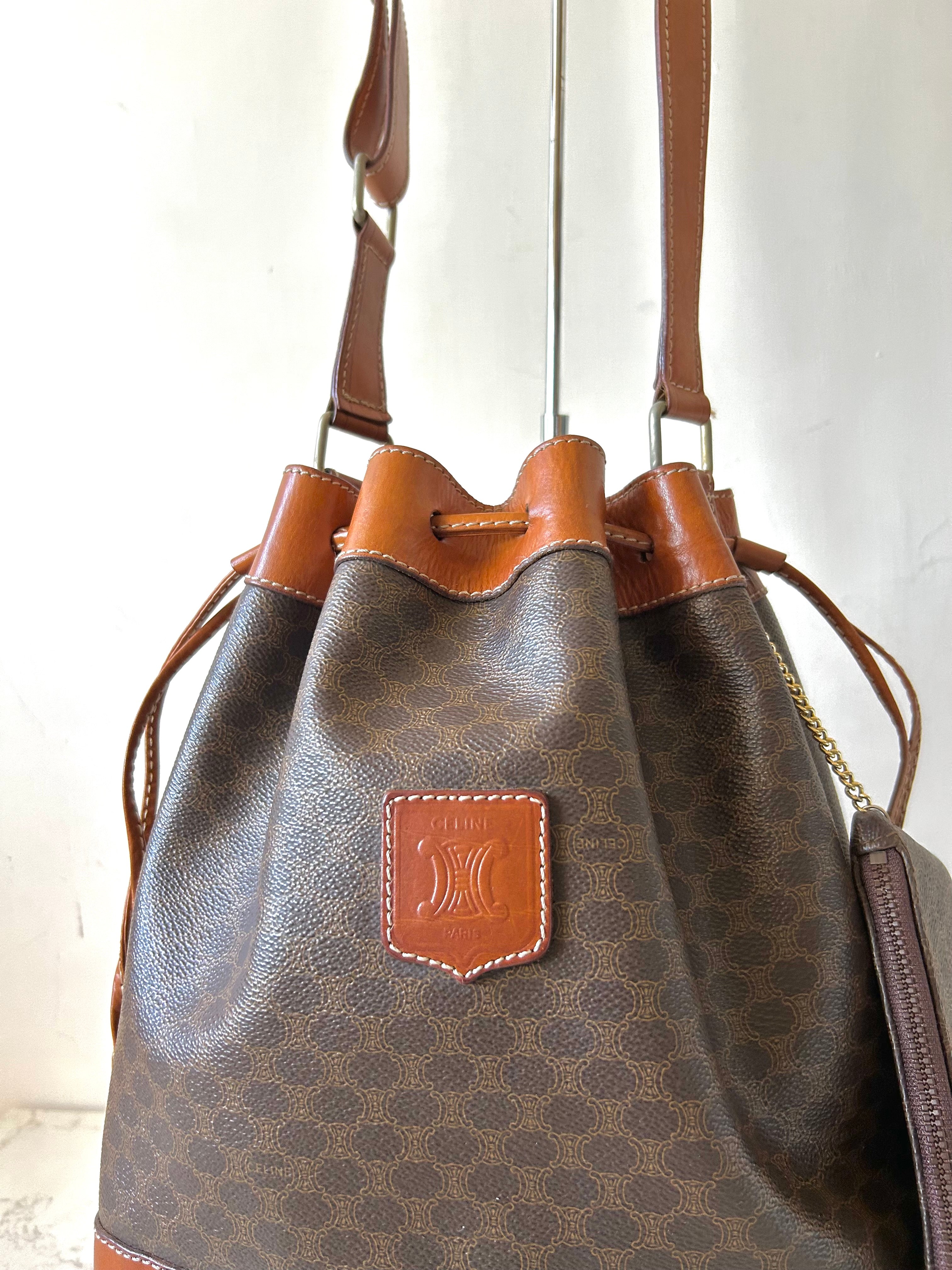 CELINE Brown Old Flower Leather Drawstring Bucket Bag / Side Bag