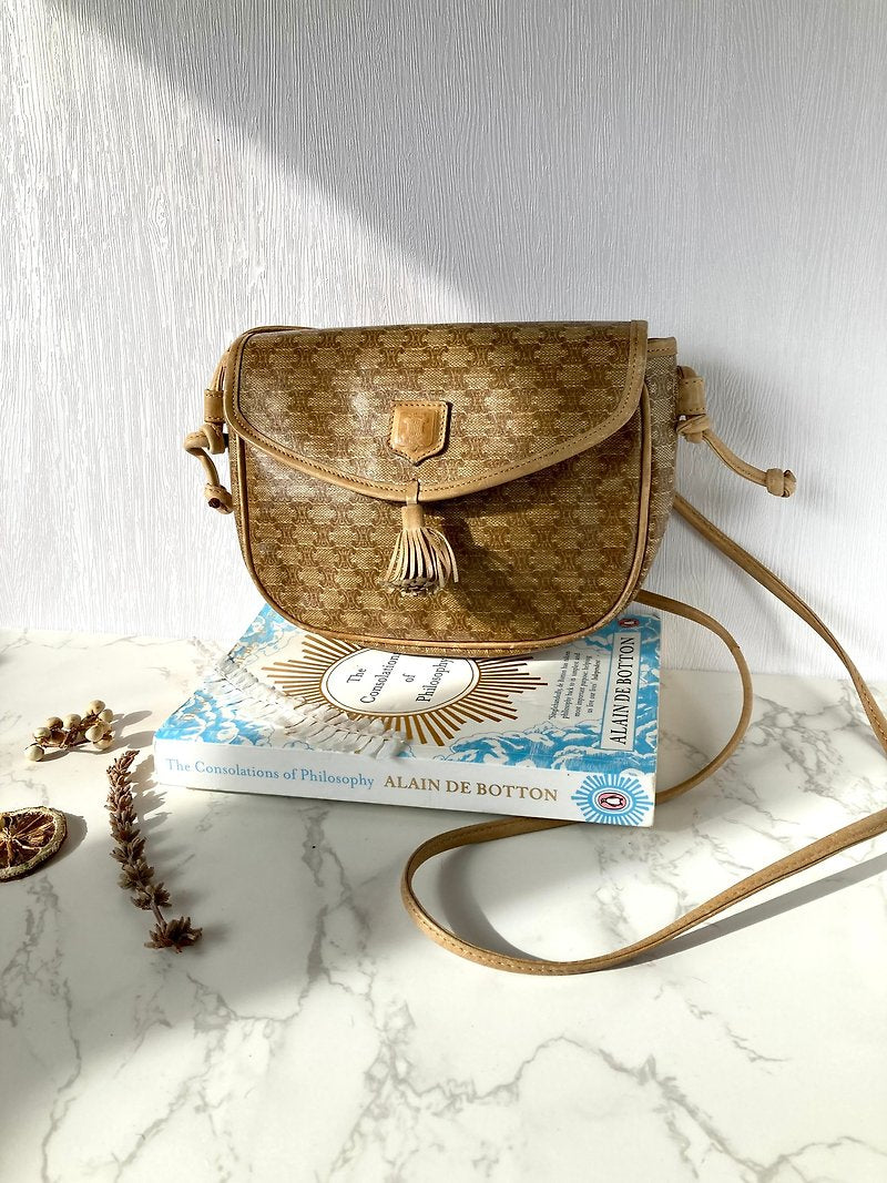 CELINE Brown Old Flower Leather Tassel Bobby Small Bag/Side Bag/Messenger Bag