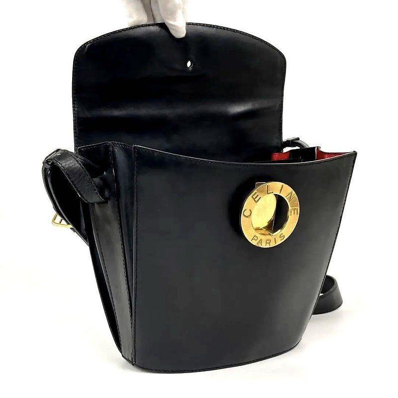 CELINE rare black gold ring leather French fry small bag / side backpack / oblique backpack