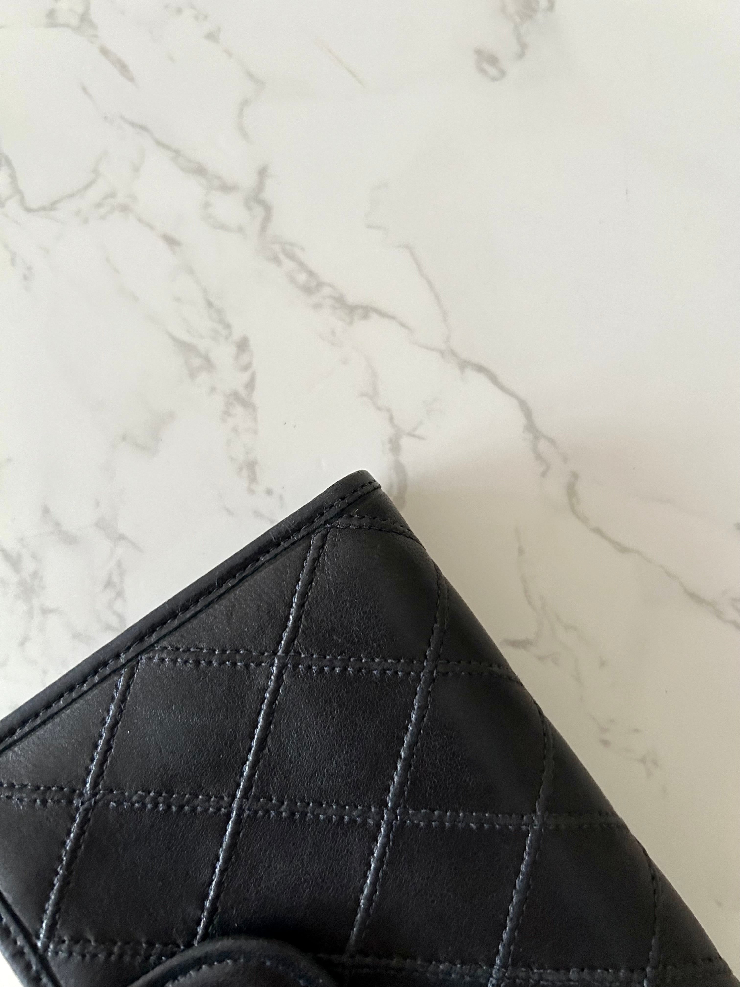 CHANEL rare black lambskin leather large gold buckle gold label short wallet / wallet