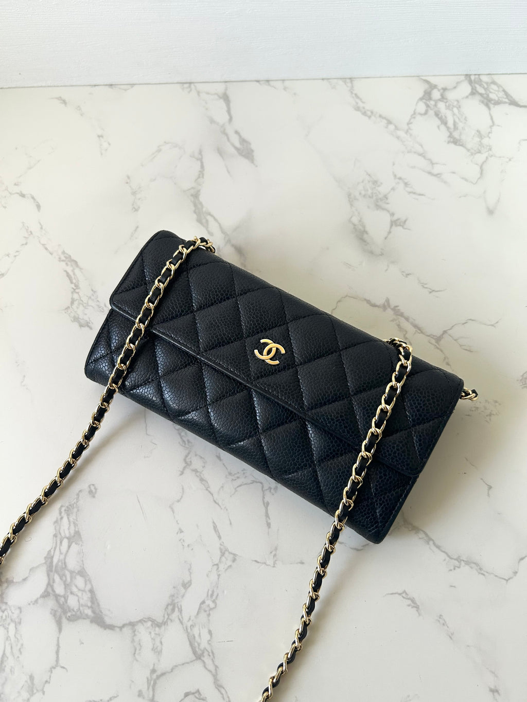 CHANEL Black Gold Caviar Leather WOC Side Bag/Messenger Bag/Long Wallet