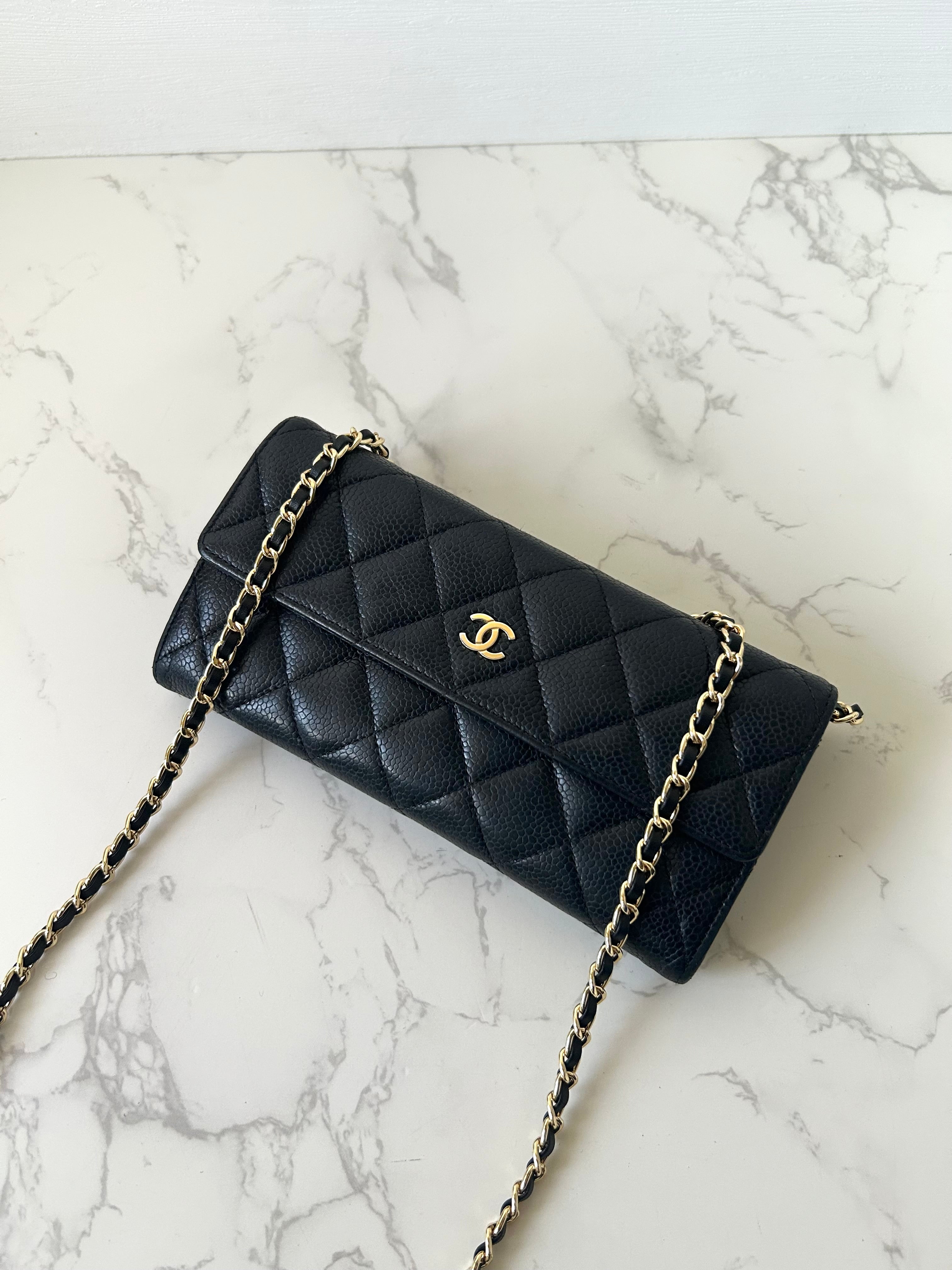 CHANEL Black Gold Caviar Leather WOC Side Bag/Messenger Bag/Long Wallet