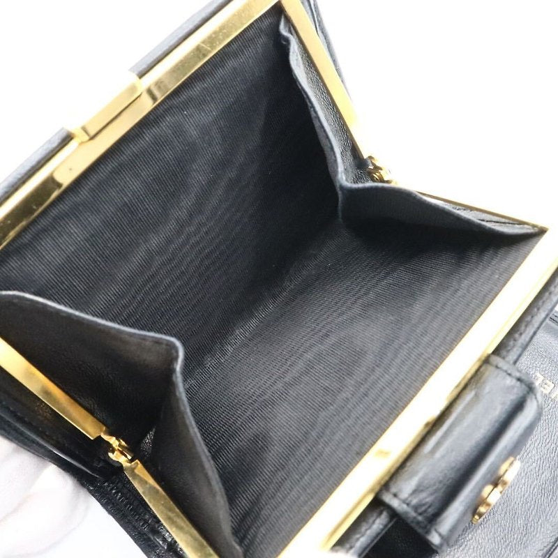 CHANEL rare black lambskin leather large gold buckle gold label short wallet / wallet