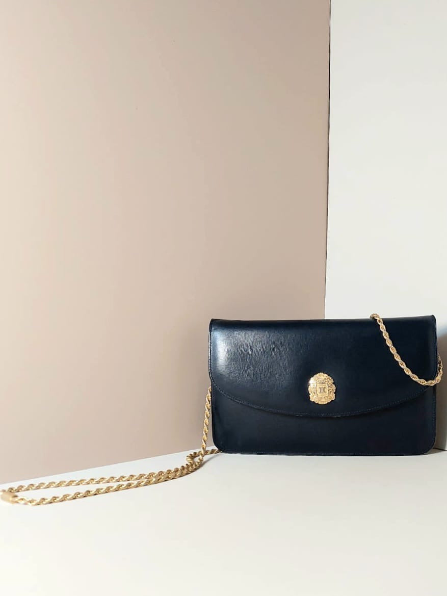 CELINE rare gold Arc de Triomphe badge dark blue leather small bag / side bag / oblique bag