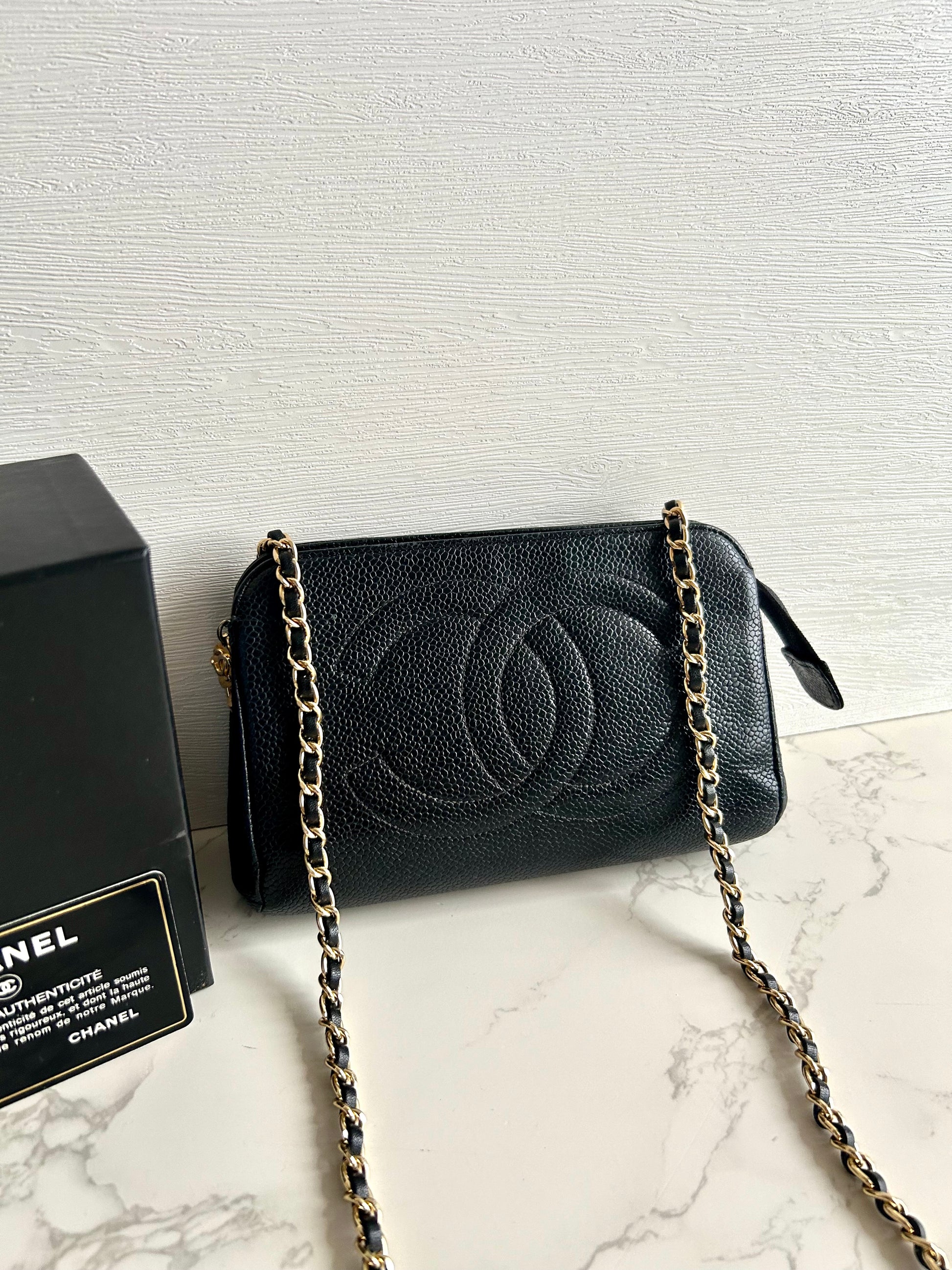 CHANEL Rare Black Caviar Leather Side Bag/Messenger Bag/Clutch