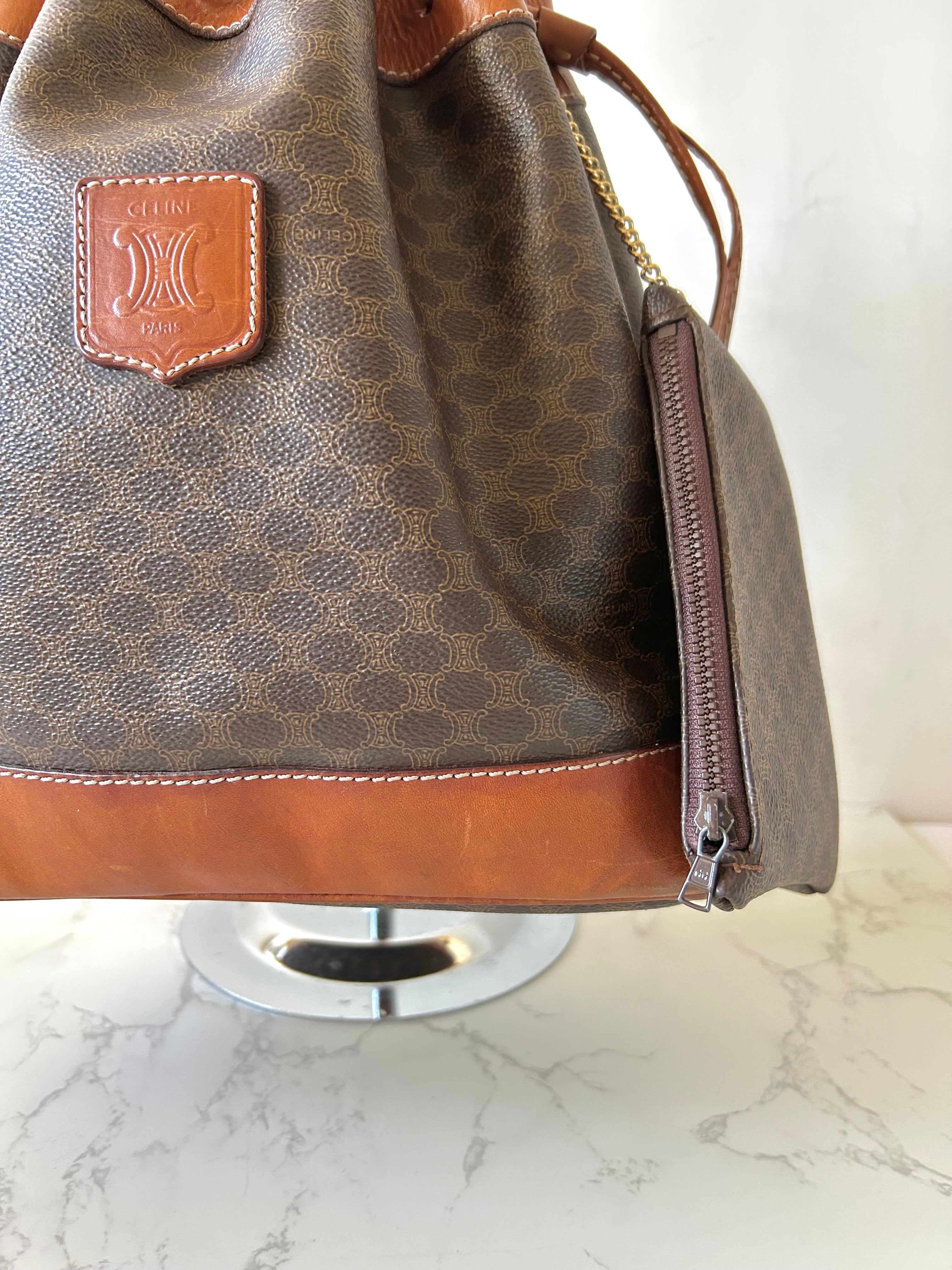 CELINE Brown Old Flower Leather Drawstring Bucket Bag / Side Bag